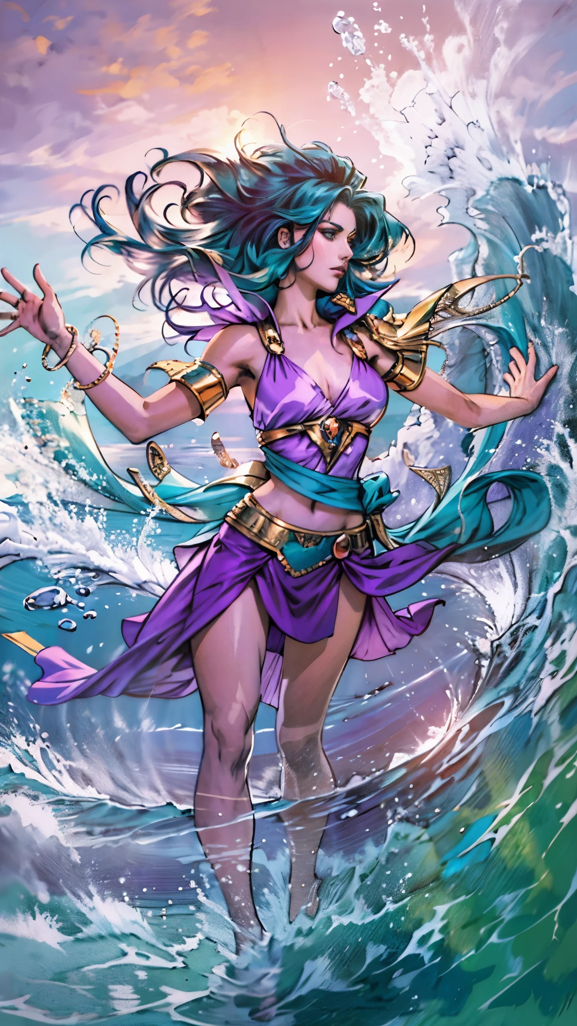 A beautiful woman with cascading waves of aqua-blue long hair, exquisite facial features, a melancholic expression, delicate and bright eyes, skin as smooth and radiant, her slender and graceful figure dances like water splashes in the wind, a splendid fantasy-style islander ethnic costume, a short skirt resembling ocean waves, her slender legs leap lightly above the water surface, surrounded by splashing droplets that dance in the air, this character embodies a finely crafted fantasy-style female dancer in anime style, exquisite and mature manga art style, high definition, best quality, highres, ultra-detailed, ultra-fine painting, extremely delicate, professional, anatomically correct, symmetrical face, extremely detailed eyes and face, high quality eyes, creativity, RAW photo, UHD, 8k, Natural light, cinematic lighting, masterpiece-anatomy-perfect, masterpiece:1.5