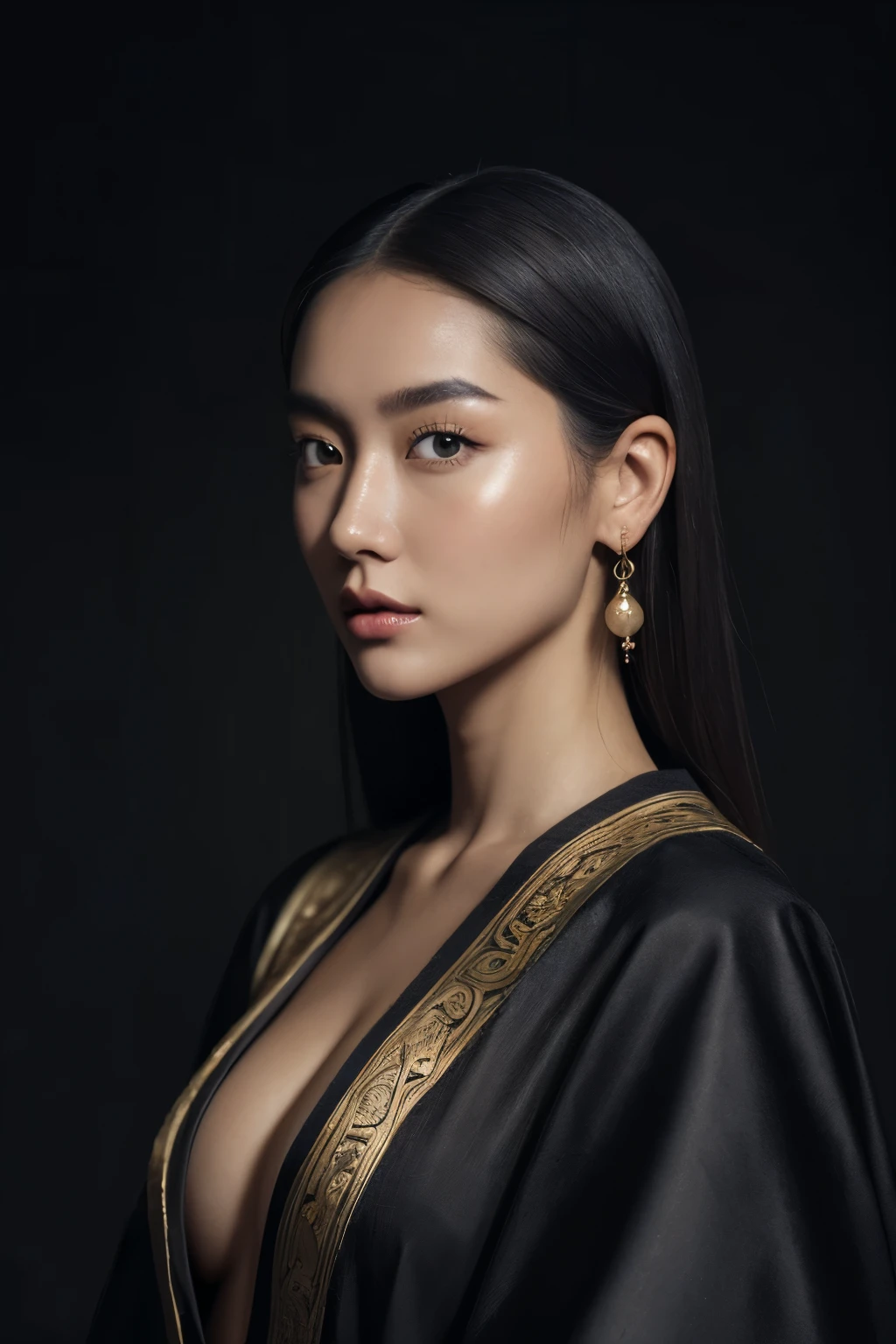 Mongolian beauties,Single eyelid girl,tall bone beauty,bust,mongol,Mongolian robes,sideways,Full body sitting,profile,Highly refined,Detailed hands,Painter John Singer Sargent portrait oil painting,Oil painting texture,Dark color background,Textured,Concise background,oil paint strokes,Ray tracing,Shoot at eye level,Ultra HD image, masterpiece,textured skin, 4K HD,best quality
