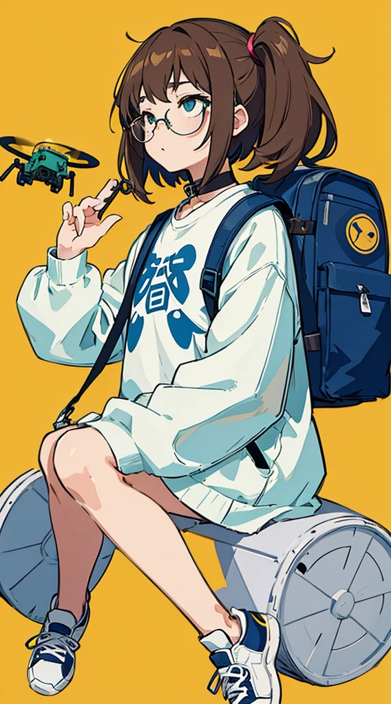 masterpiece,(highest quality),very detailed,超詳細なmasterpiece、anime style illustration、girl、brown hair、Sleeping、middle bottom、sneakers、green thin frame glasses、white mechanical backpack、blue collared coat、coat with geometric collar、White T-shirt inside（black logo）、two drones、downer、One-sided mechanism、background plain yellow