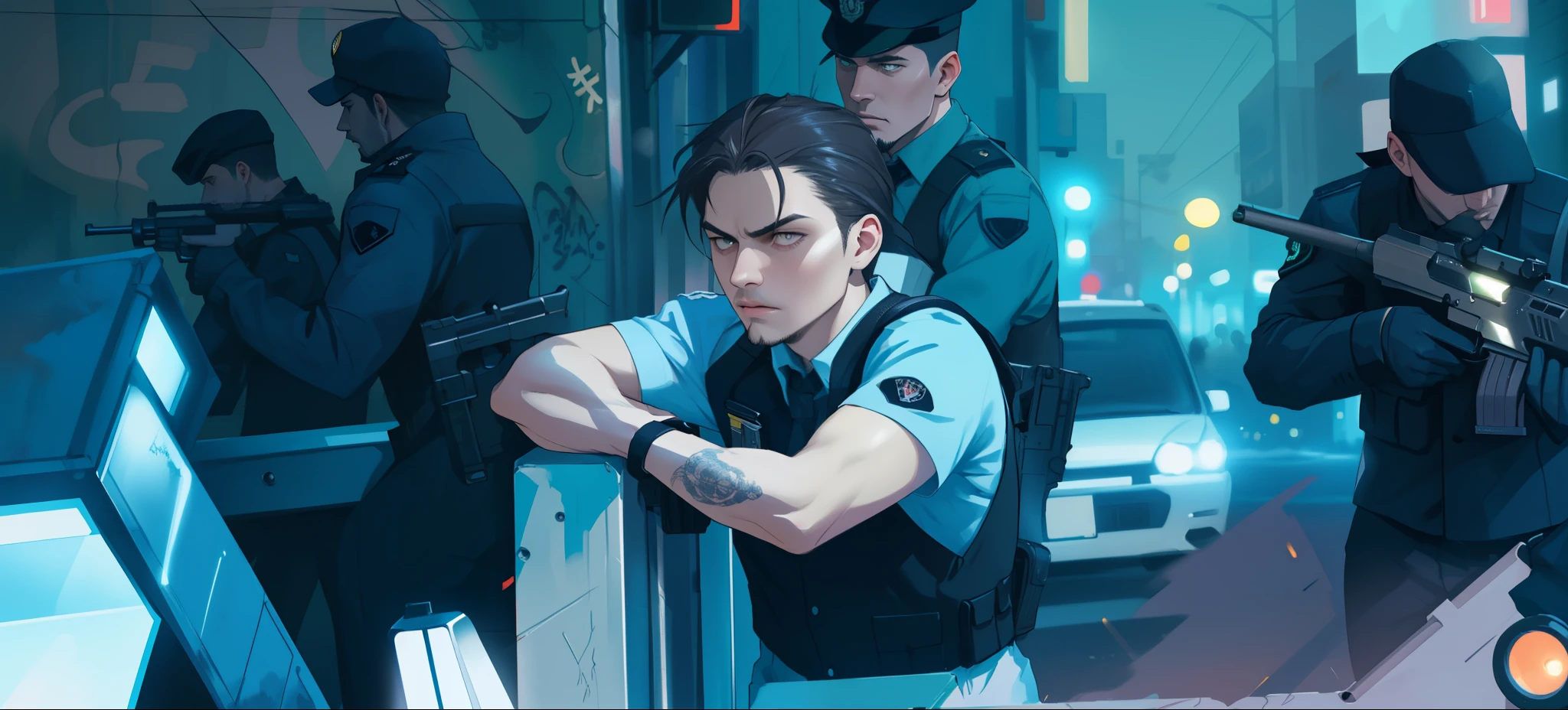 (bright colors,dynamic lighting),crowded scene,many men,focused expressions,strong and muscular bodies,uniforms,shiny badges,professional demeanor,secure and authoritative presence,serious and vigilant attitudes,holding guns with proper grip,clear details of guns,military-grade rifles,attention to gun safety,confident posture,sharply dressed,well-groomed appearances,sharp focus on facial features,visible determination in their eyes,well-defined facial hair,high-res image,crisp and sharp lines,detailed texturing,photorealistic style,contrasting shadows and highlights,guns reflecting light,polished metal surfaces,realistic skin tones,painted background capturing urban environment,gritty and textured walls,urban graffiti and street art,nighttime setting,emphasize the urban setting with street lamps and neon lights,hard and dramatic lighting,creating a mysterious and intense atmosphere