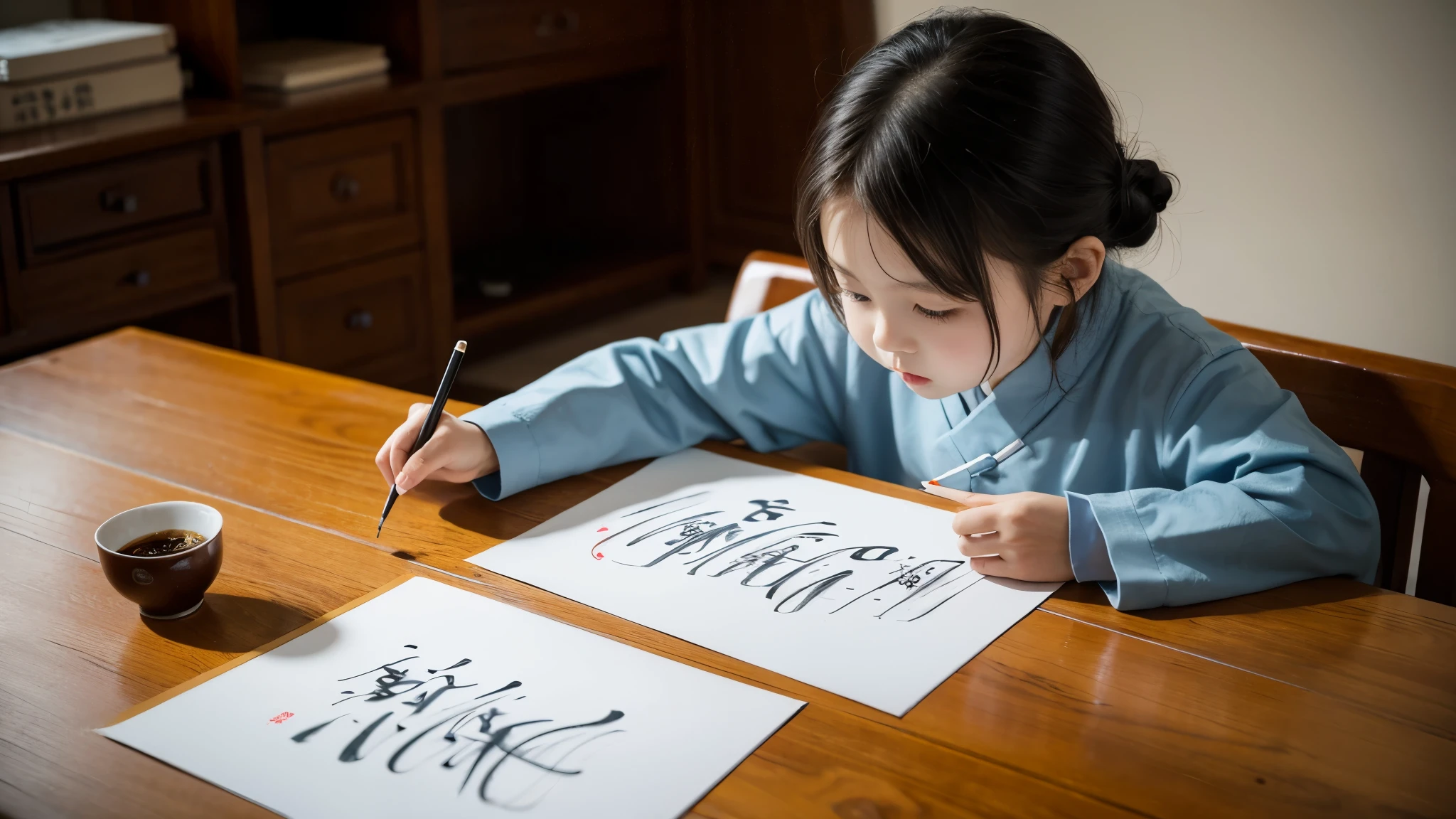 A child is practicing calligraphy seriously,calligraphy,Chinese calligraphy,Realistic,photograph,Warm,calligraphy family,Chinese Arts