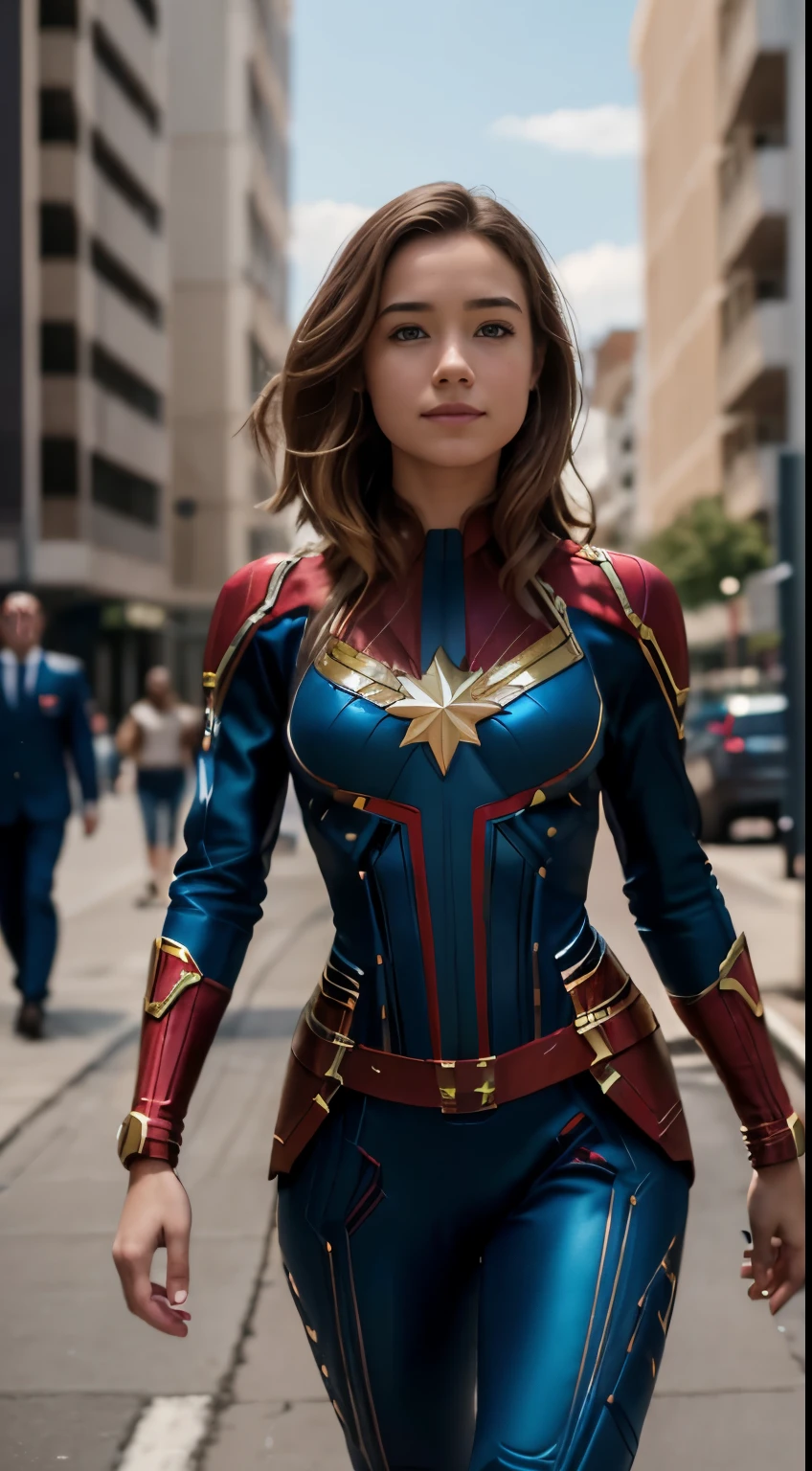 Foto hiperrealista en primer plano de Willa Fitzgerald Wearing a high-quality Captain Marvel suit, on the city street, masterpiece, best quality, (photorealistic:1.4), full body, cinematic light, beautiful woman, skinny, small breasts, straight brown hair, detailed face, smile, photo taken from a distance, age 20 tears old