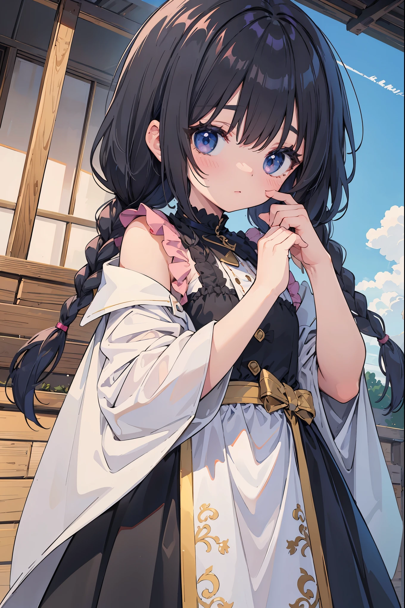 Top Quality, Masterpiece, High Resolution, 8k, Pastel Colors, Anime Style Girl, Light Clothing, One Girl, (Covered One's Cheek with One's Hands): 1.4, Blush, Detailed Line Art, Bright White and Bright Amber Style, Digital Enhancement, Anime Core, Flowing Fabric, Close Up, Hair Length and Short Braids to Shoulder Opening, Beautiful Black Hair, Bust-up