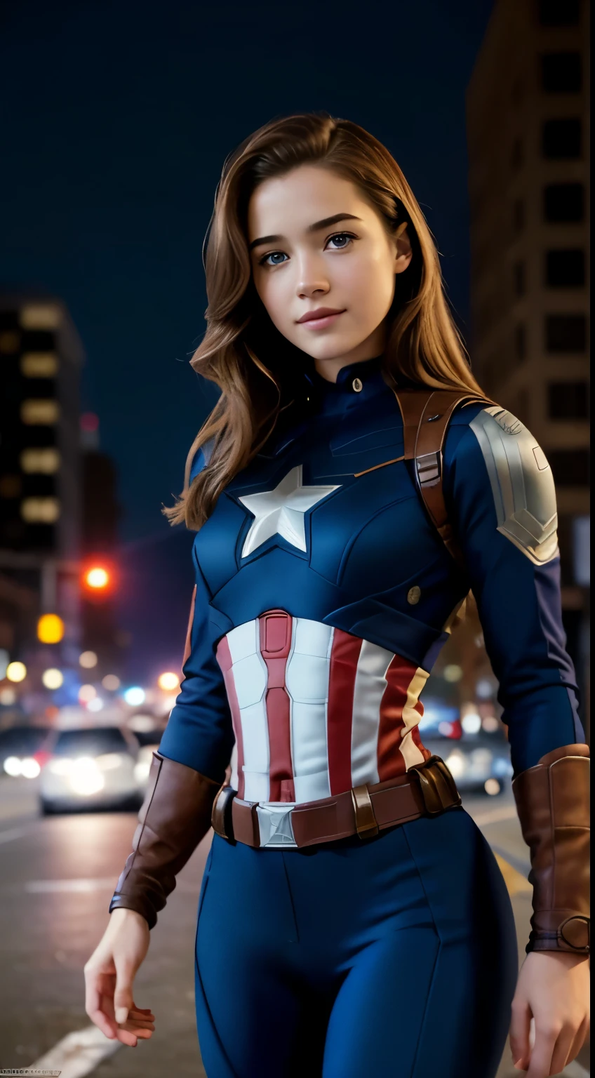 Foto hiperrealista en primer plano de Willa Fitzgerald Wearing a high-quality Captain America suit, on the city street, masterpiece, best quality, (photorealistic:1.4), full body, cinematic light, beautiful woman, skinny, small breasts, straight brown hair, detailed face, smile, photo taken from a distance, age 20 tears old