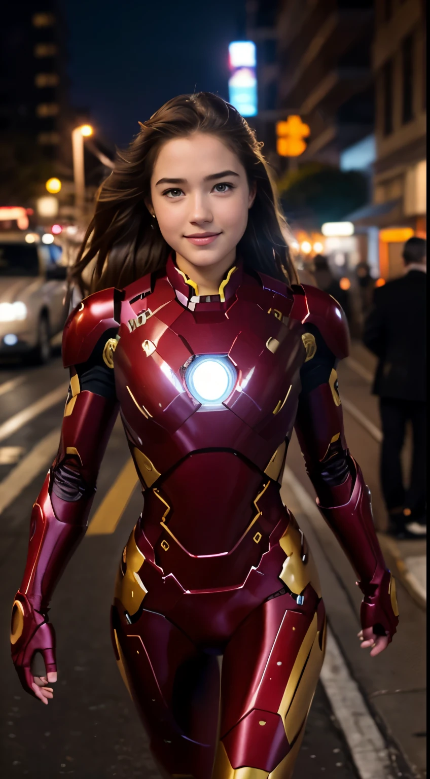 Foto hiperrealista en primer plano de Willa Fitzgerald Wearing a high-quality Iron man suit, on the city street, masterpiece, best quality, (photorealistic:1.4), full body, cinematic light, beautiful woman, skinny, small breasts, straight brown hair, detailed face, smile, photo taken from a distance, age 20 tears old