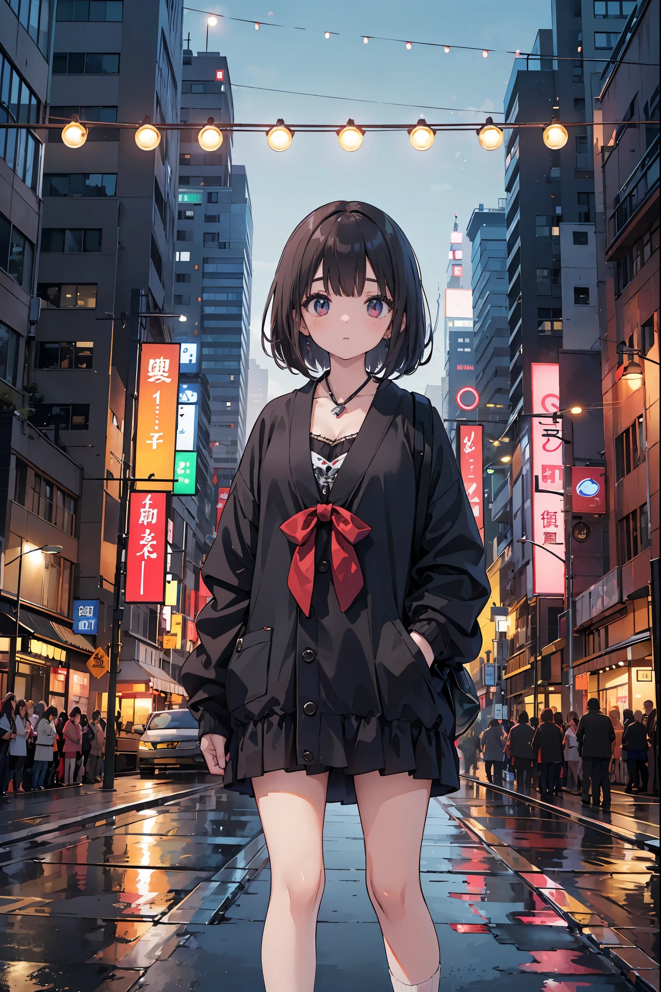 japanese woman、cleavage、pale skin、Mega breasts、20-year-old、bob cut、(((The best)))、//indignant:1.8、high quality:1.3、professional lighting:2.0 Real:1.2、4K resolution、detailed skin、masterpiece:1.1、//street snap、((Facing the audience))、on the street、((Are standing))、
