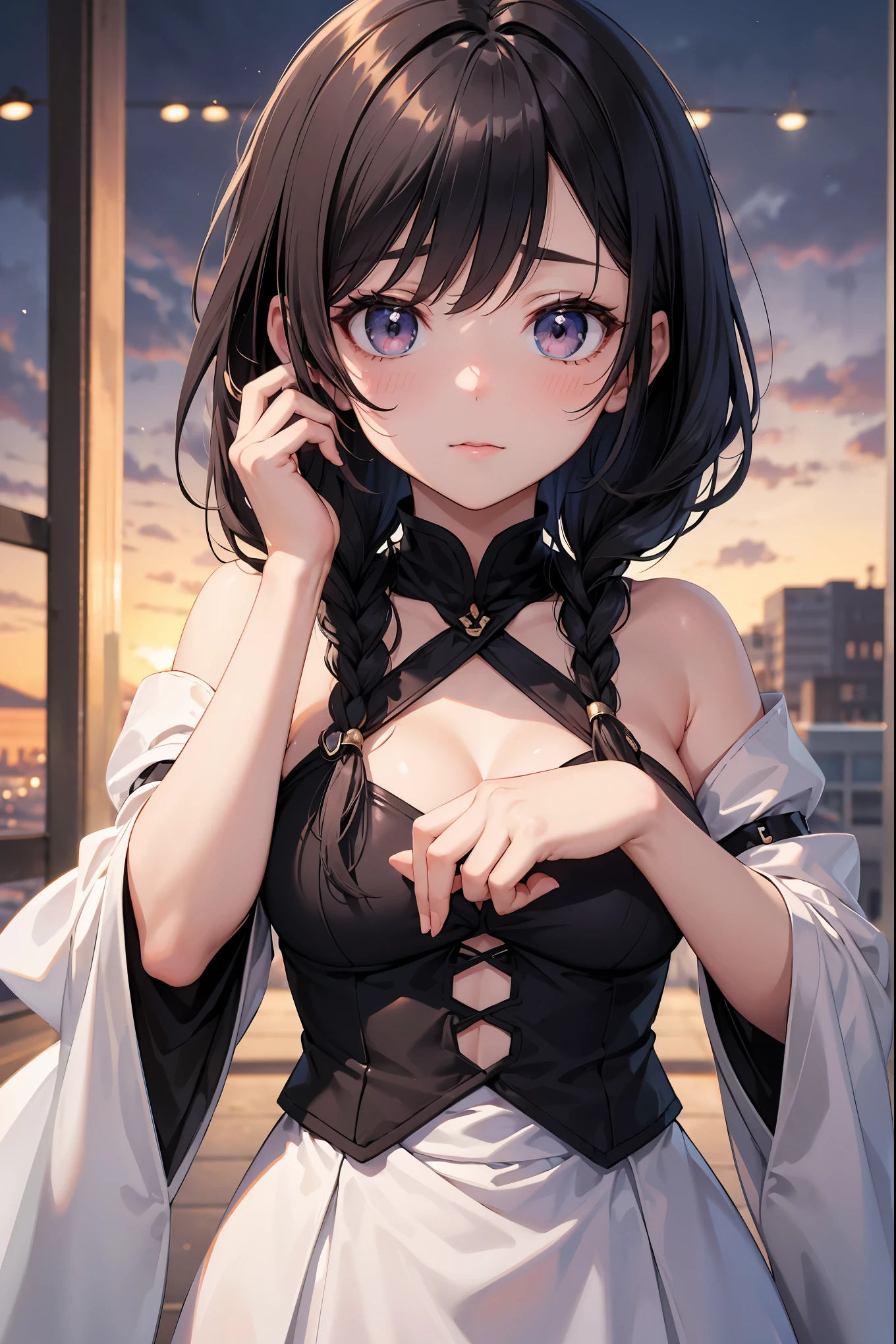 Top Quality, Masterpiece, High Resolution, 8k, Pastel Colors, Anime Style Girl, Light Clothing, One Girl, (Covered One's Cheek with One's Hands): 1.4, Blush, Detailed Line Art, Bright White and Bright Amber Style, Digital Enhancement, Anime Core, Flowing Fabric, Close Up, Hair Length and Short Braids to Shoulder Opening, Beautiful Black Hair, Bust-up