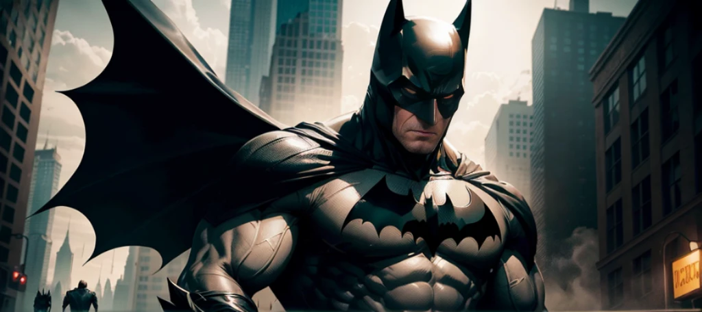 Generate an image of Batman standing confidently next to the Tumbler showcasing the iconic duo in all their glory, Batman should be in his classic black Batsuit with his cape billowing behind him, The Tumbler should be in its sleek armored form ready for action, The setting should be a dark and gritty urban environment reflecting Gotham City's atmosphere, The image should capture the essence of Batman's strength and determination as he protects the city from crime, close-up, wide shot, 16k, highres, best quality, masterpiece