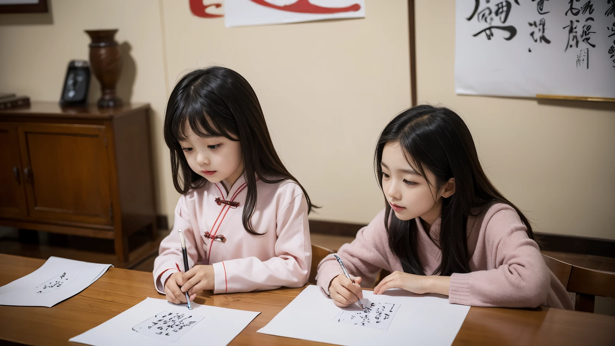 several children are sitting at a table with papers and pens, children, kid, child drawing, handsome, kids, photo taken in 2 0 2 0, intercreate masteration, jinyiwei, study, kids drawing, by Liao Chi-chun, photo taken in 2 0 2 0, exquisite masterpiece, Jinyiwei, study, kids drawing, by Liao Chi-chun, photo taken in 2018, family, Ni Yuanlu, school class, a photo, at home, writing,