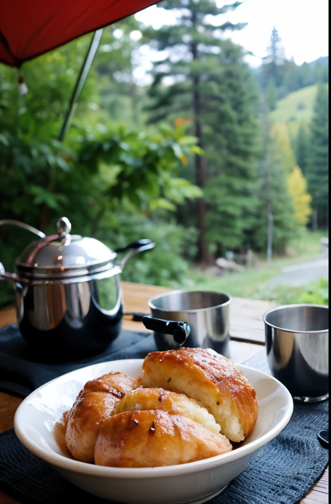 camping at home、A small silver pot with a wire handle、small camping tableware set