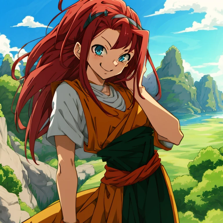 Absurd masterpiece HDR high quality ,High quality of Dragon Ball anime scenes, Red hair,The characters have detailed faces, Simple Hair Design , smile, Different clothes , ((random hairstyle:1 )) , anime eyes, white skin ,
Different costumes in anime, detailed costume, nice background, Masterpiece scenery