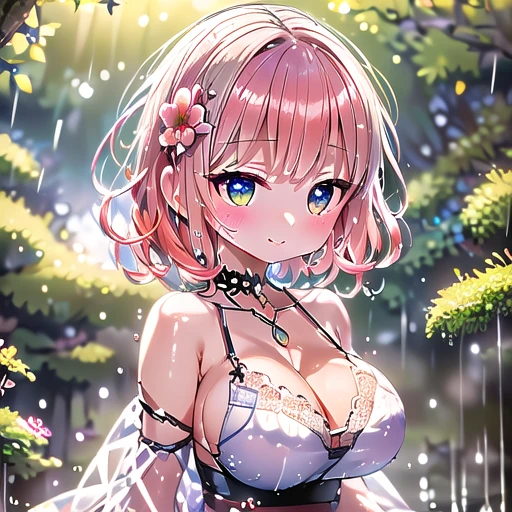 Cute woman under drizzle, (elegant, pretty face), Transparent white dress, Forest moss, flower field, , red curly hair, magical atmosphere, (short hair), ((Delicate skin, Texture)), Super detailed, (intricate details, Exquisite details, Super detailed的), Ray tracing, subsurface scattering, (fantasy underworld in the background), Diffuse soft light, shallow view deep, go through (Oliver Waite), Sharp focus bokeh, (Realistic photo quality:1.4)a drop of water，an APP