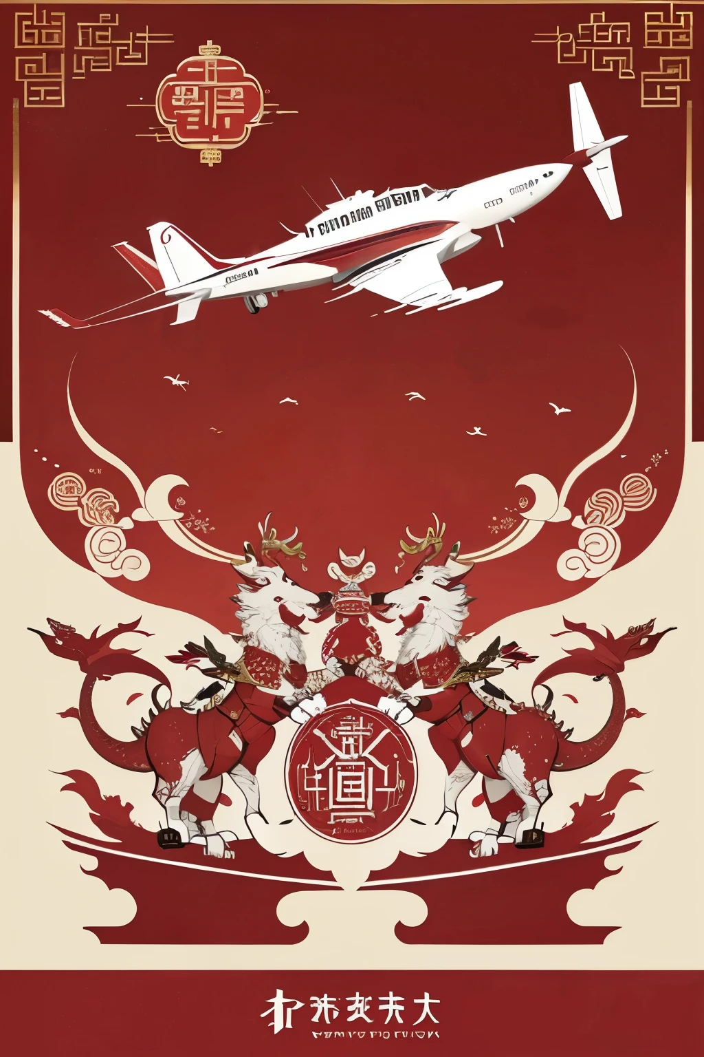 Red festive,Family reunion to celebrate, Plane design,Chinese Dragon,Xiqing,New Year's Day, Festival celebration,Chinese cultural theme style, soft tones,warm palettes,vibrant illustrations, Color mural, Minimalism--ar3:4--niji5