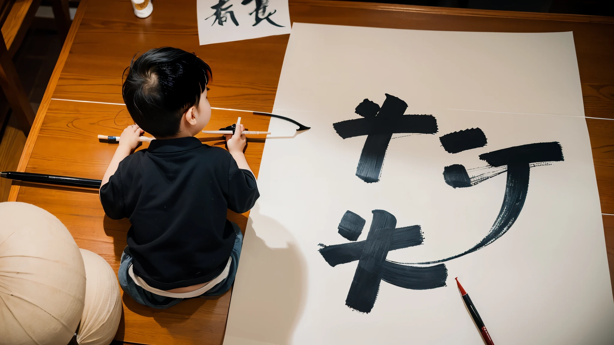 participates in calligraphy competition,书写calligraphy,Serious and cute,Realistic,photograph,Warm,calligraphy family,Chinese Arts,calligraphy,Backshot