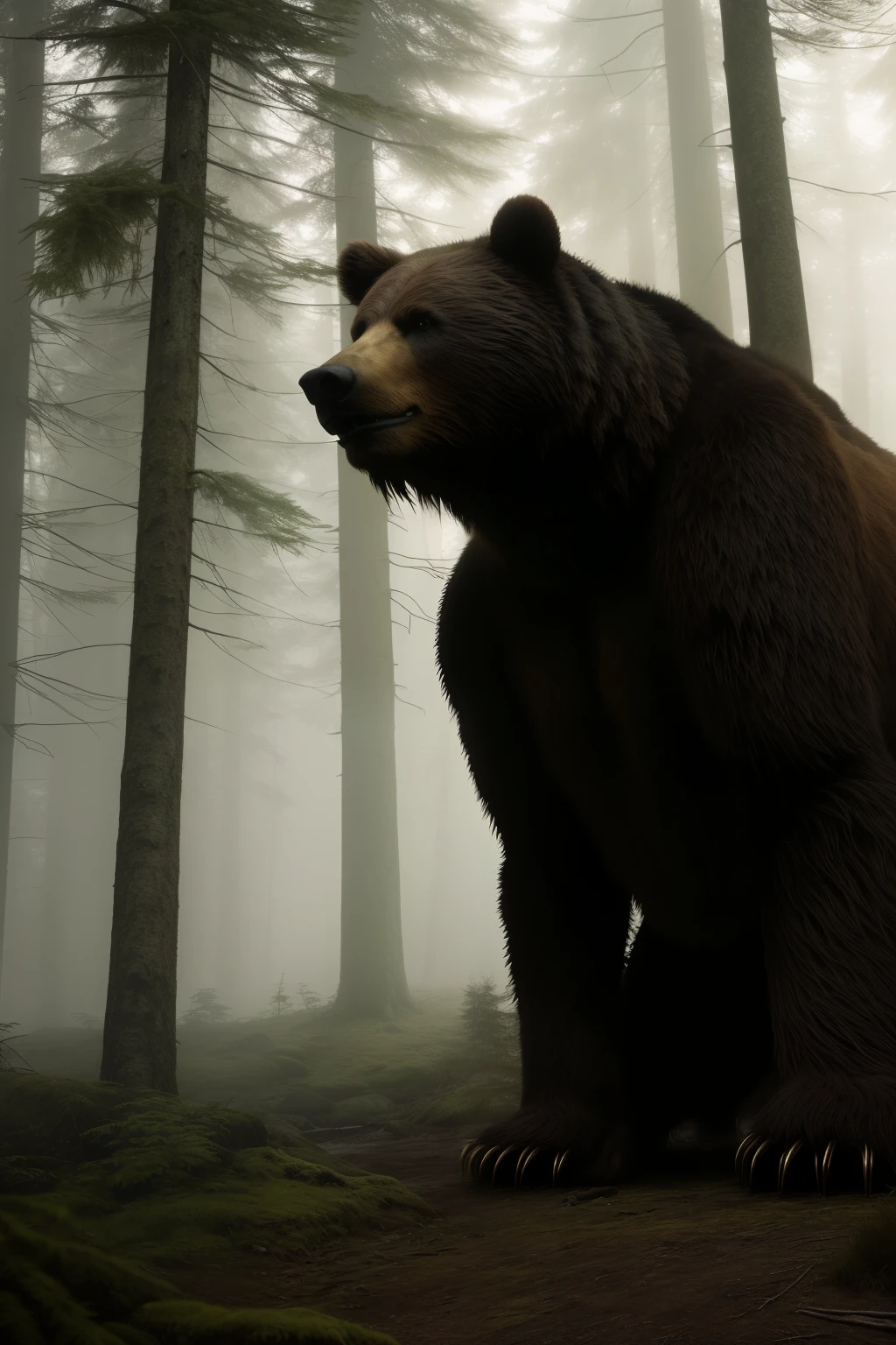 A hauntingly realistic depiction of a giant zombie bear residing in a dense, misty forest, its skeletal body barely concealed under a thin layer of decaying flesh. The sun casts an afternoon glow over the scene, bathing the forest in a warm, golden light. The forest remains shrouded in a thick, ominous mist, adding to the eerie atmosphere. The bear's tent, pitched near the tranquil river, is a stark contrast against the unsettling backdrop. Every detail, from the bear's menacing claws to the intricate texture of its flesh, is rendered in exquisite, photorealistic detail in Unreal Engine. The