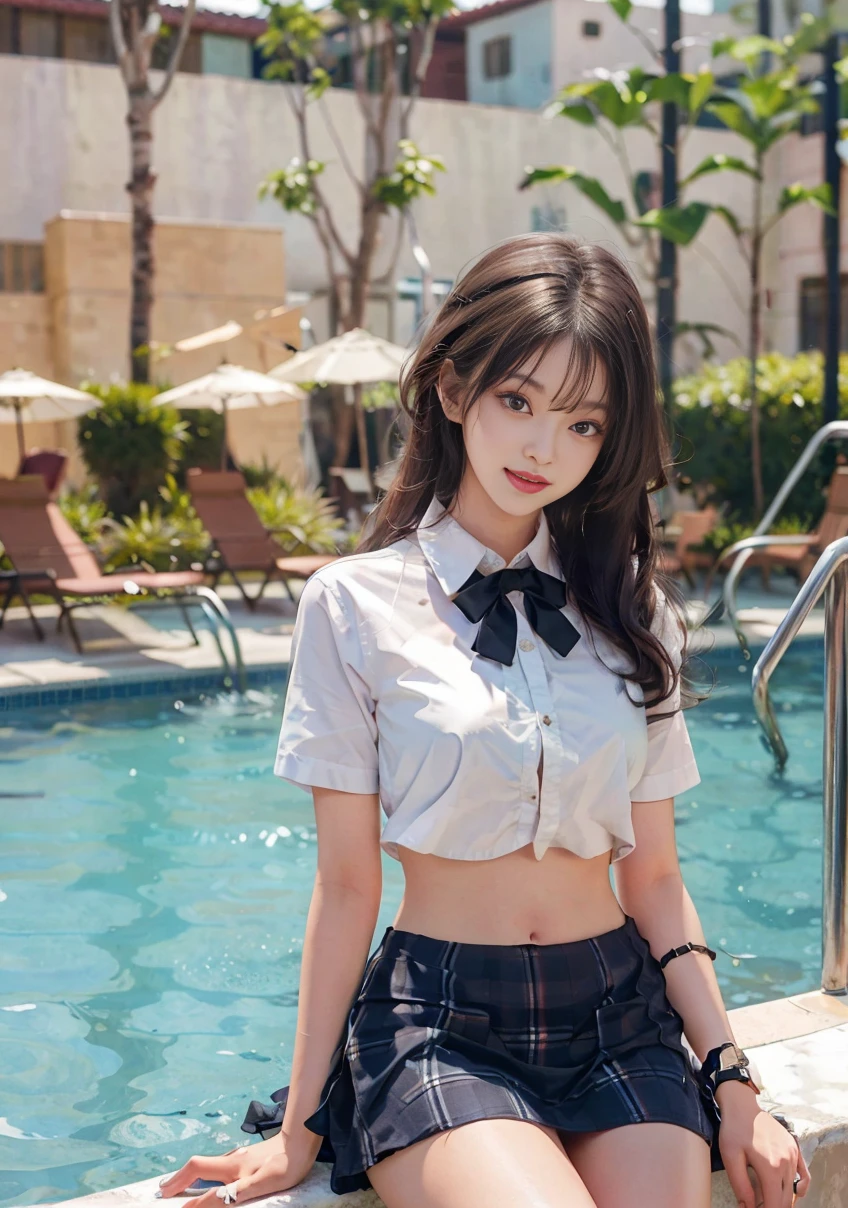 ((top-quality、8K、​masterpiece:1.3))、Crisp focus:1.2、Beautiful woman with perfect body shape:1.4、Slender Abs:1.2、((Colossal tits:1.2))、(Wet white button-up long shirt:1.1)、(Sunny、in poolside:1.2)、a wet body:1.5、Highly detailed facial and skin texture、A detailed eye、二重まぶた、Pleated skirt、White blouses、Female School Uniform、The shirt、Ribbon tie、pleatedskirt、Schools、8K raw photos、hight resolution、19-year-old Korean、very large round breasts、beautiful eyes finely detailed、long eyeslashes、Beautiful double eyelids、eyeshadows、eye line、Slender eyes、elongated eye shape、Sanpaku eyes、Dark Eye Makeup、evil smile、Beautiful and thin legs、Beautiful loose long hair、Tie your hair behind your head、耳Nipple Ring、a necklace、light brown hair、Arm Raising Pose、Beautiful armpits、Kamimei、Valley、Blur the background、Arafe asian woman sitting on ledge near pool, wearing two - piece swimsuit, japanese girl school uniform, Seifuku, Open V chest clothes, Japanese Models, Japan school uniform, girl wearing school uniform, wearing japanese school uniform, JK Uniform, Korean Girl, next to a pool, Smooth white tight clothes suit, shikamimi