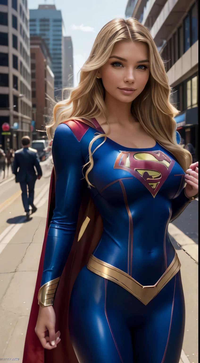 Foto hiperrealista en primer plano de Emily Sears Wearing a high-quality Supergirl suit, on the city street, masterpiece, best quality, (photorealistic:1.4), full body, cinematic light, beautiful woman, skinny, large big breasts, straight blond hair, detailed face, smile, facing the camera, photo taken from a distance, age of 20 years old,