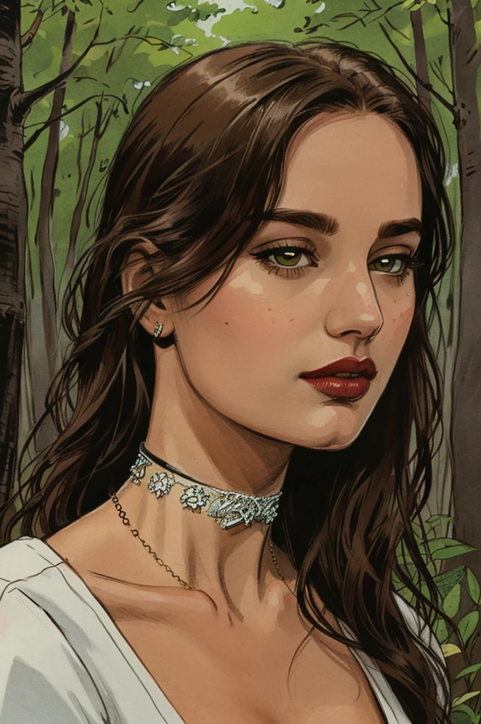 illustration, woman, choker,closeup, forest background