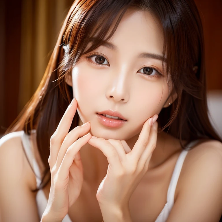 (natta:1.7), East Asian Architecture, 1womanl,Sitting on tatami mats, brunette color hair，（hair between eye）, Lip flap,  、Beautiful shiny straight bob,Beautiful fingers,Beautiful long legs,Beauty Body，Cute nose，Beautiful character design，perfect  eyes，face perfect，looking at viewert，（Innocent_Big_Eyes：1.0），（light_Smile：0.3），offcial art，Very detailed CG Unity 8K wallpaper，Perfect litthing，highly colorful，Bright_front_Face_Lighting，（tmasterpiece:1.0),(best_quality:1.0), 超A high resolution,4K,ultra - detailed, photography of, 8K, nffsw, hight resolution, absurderes:1.2, Kodak Portra 400, film grains, the background is blurred, Bokeh:1.2, Lens Flare Glow, ( Vibrant_Color:1.2) (Beautiful,Large_breasts:1.4), (Beautiful_Face:1.5),(narrow_waist-up),8K,Raw photo, See-through clothes,Camisole