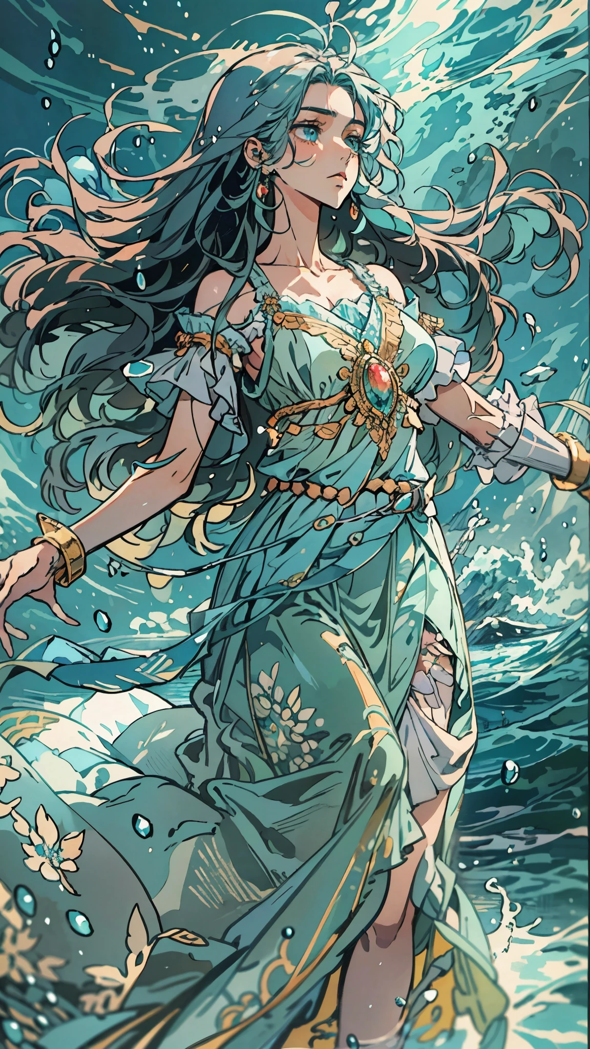 A beautiful woman with cascading waves of aqua-blue long hair, exquisite facial features, a melancholic expression, delicate and bright eyes, skin as smooth and radiant, her slender and graceful figure dances like water splashes in the wind, a splendid fantasy-style islander ethnic costume, a short skirt resembling ocean waves, her slender legs leap lightly above the water surface, surrounded by splashing droplets that dance in the air, this character embodies a finely crafted fantasy-style female dancer in anime style, exquisite and mature manga art style, high definition, best quality, highres, ultra-detailed, ultra-fine painting, extremely delicate, professional, anatomically correct, symmetrical face, extremely detailed eyes and face, high quality eyes, creativity, RAW photo, UHD, 8k, Natural light, cinematic lighting, masterpiece-anatomy-perfect, masterpiece:1.5