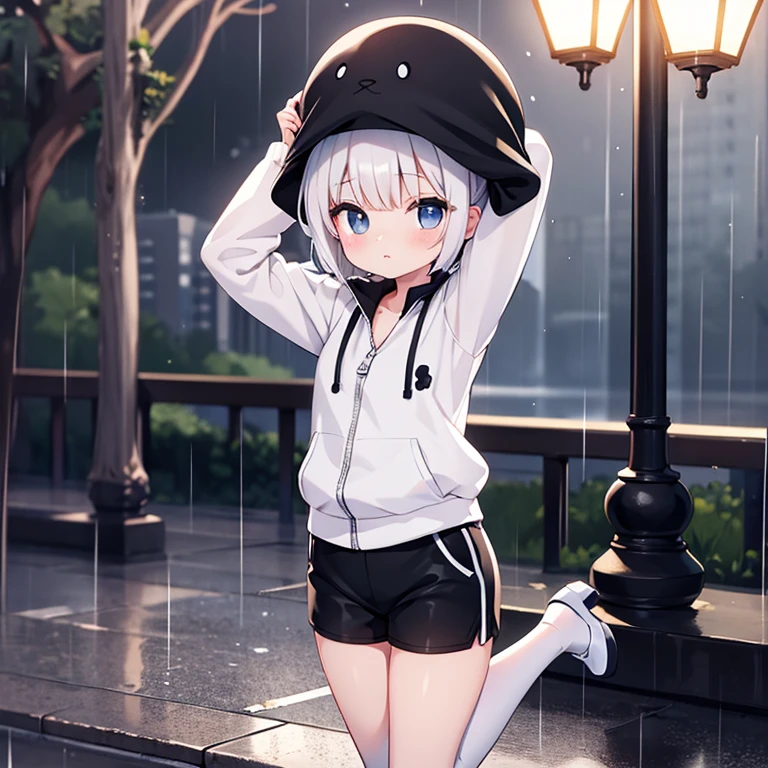 rain, park, night, black shorts, white zip-up shirt, white tights, black heels, white short hair, Arms behind head head, small wet breasts, erect nipples