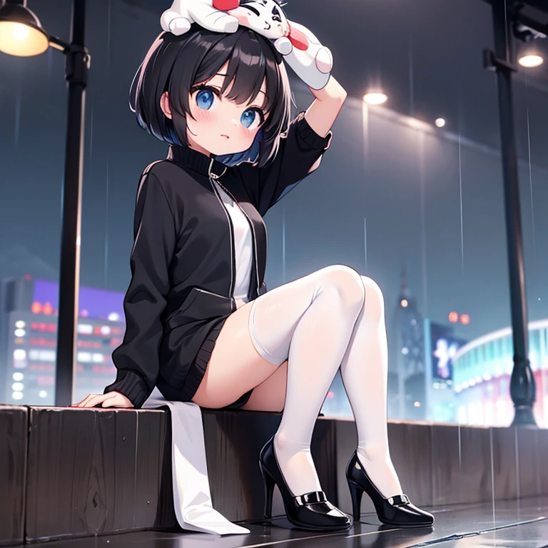 rain, park, night, black shorts, white zip-up shirt, white tights, black heels, white short hair, arms on head