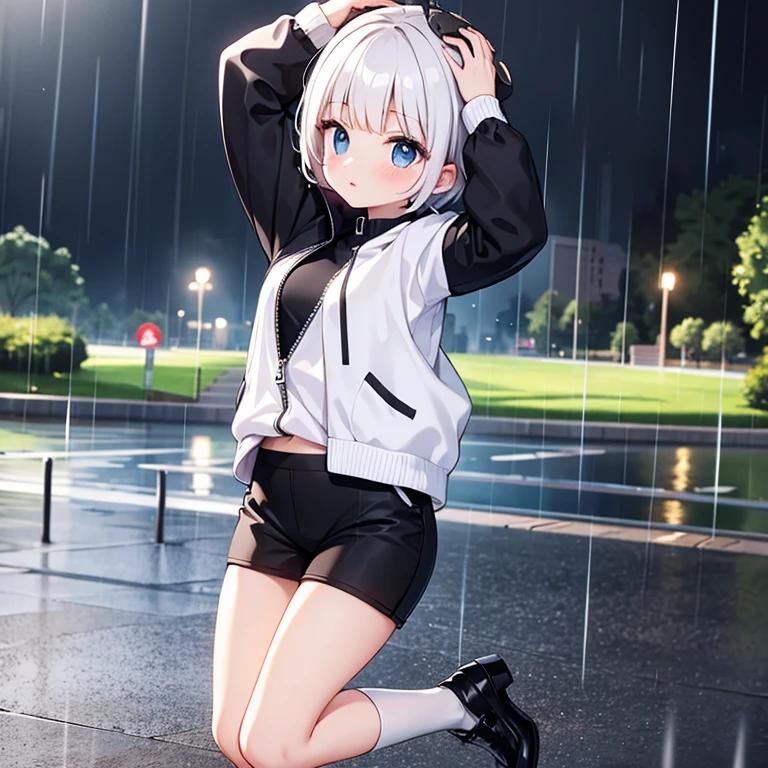 rain, park, night, black shorts, white zip-up shirt, white tights, black heels, white short hair, arms on head