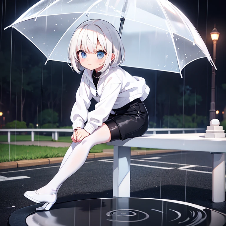 rain, park, night, black shorts, white zip-up shirt, white tights, black heels, white short hair, arms on head