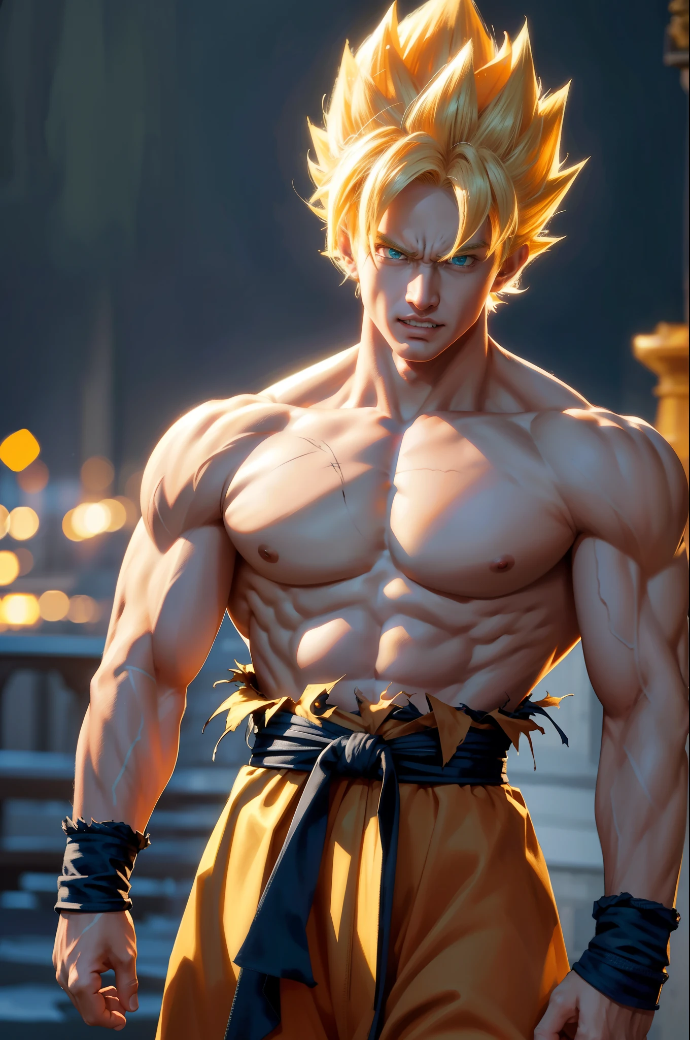 (masterpiece, best quality), intricate details, 8k, artstation, wallpaper, official art, splash art, storm in background, sharp focus, 1boy, (photorealistic:1.2) (bokeh) (best quality) (detailed skin:1.3) (intricate details) (8k) (detailed eyes) (sharp focus) son goku, angry, battle damage, blonde hair, blue sash, clenched teeth, furious, green eyes, male focus, muscular, muscular male, pectorals, sash, solo, spiked hair, super saiyan, super saiyan 1, teeth, topless male, torn clothes, wristband,