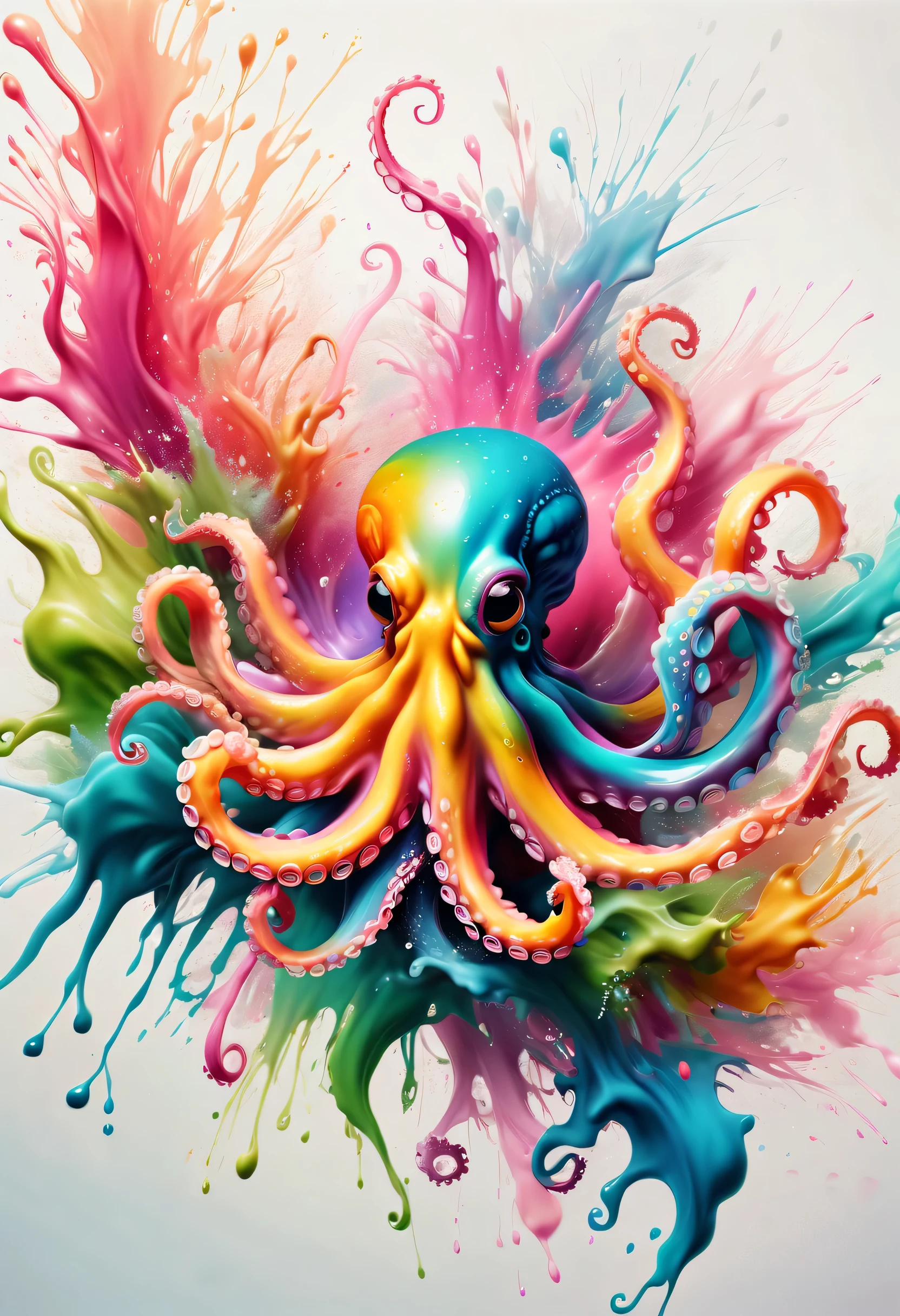 (best picture quality,4K,8k,HD,masterpiece:1.2),Super detailed,(lifelike,lifelike,lifelike:1.37)。ink painting,Cute octopus,Angry octopus sprays colorful ink,Ink splash effect:1.37,splatted paint:1.37.Colorful paint splash,paint splatter background,Energetic movement,Dynamic and powerful abstract art,colorful,propylene,Vivid rainbow hues,Joyful and lively atmosphere,Bright orange,pink,Whimsical and dreamy,spontaneous splash,bold color contrast。