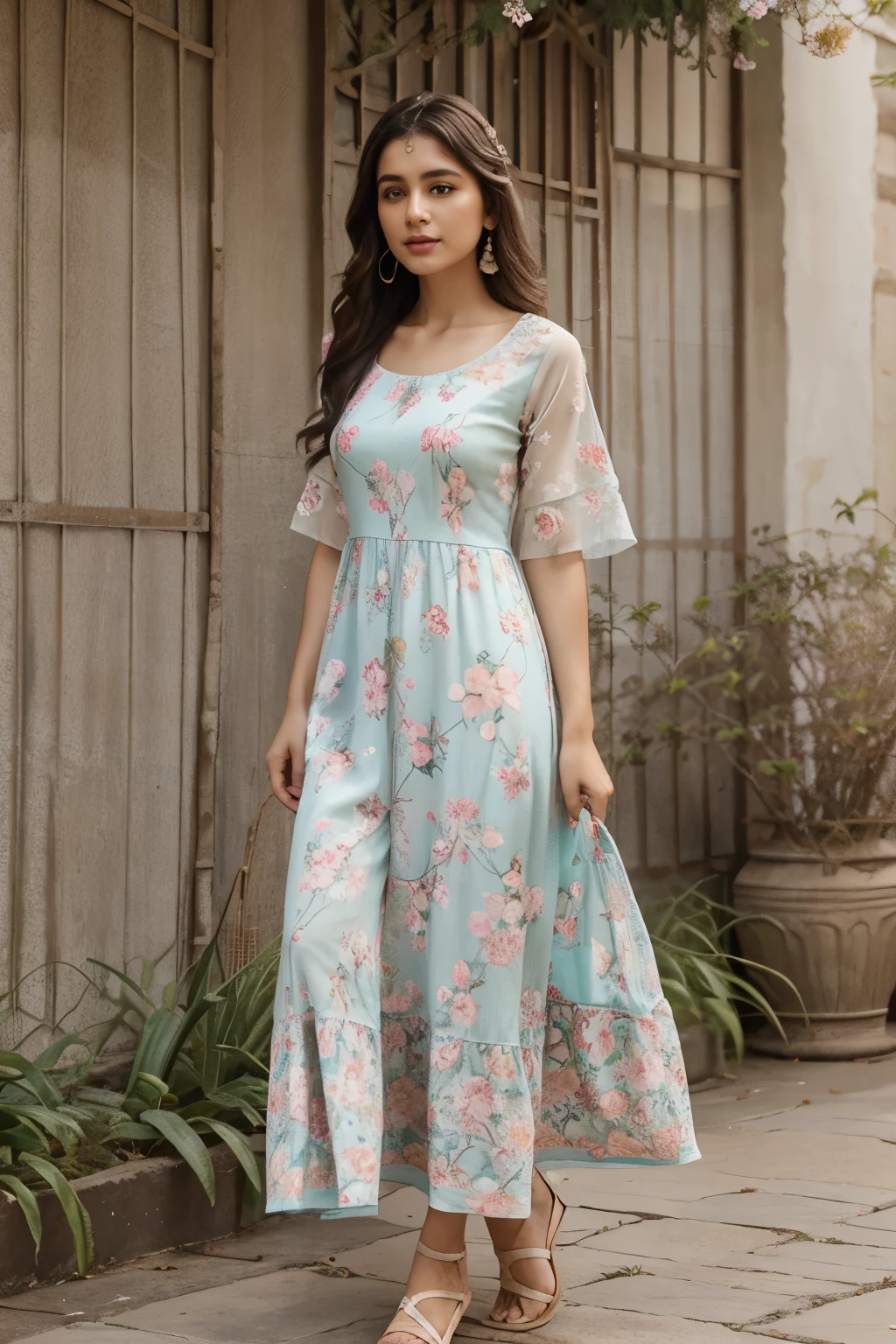 Design a dress inspired by the freshness of spring, with pastel hues, floral patterns, and light fabrics that convey Radha's connection to the rejuvenating season.