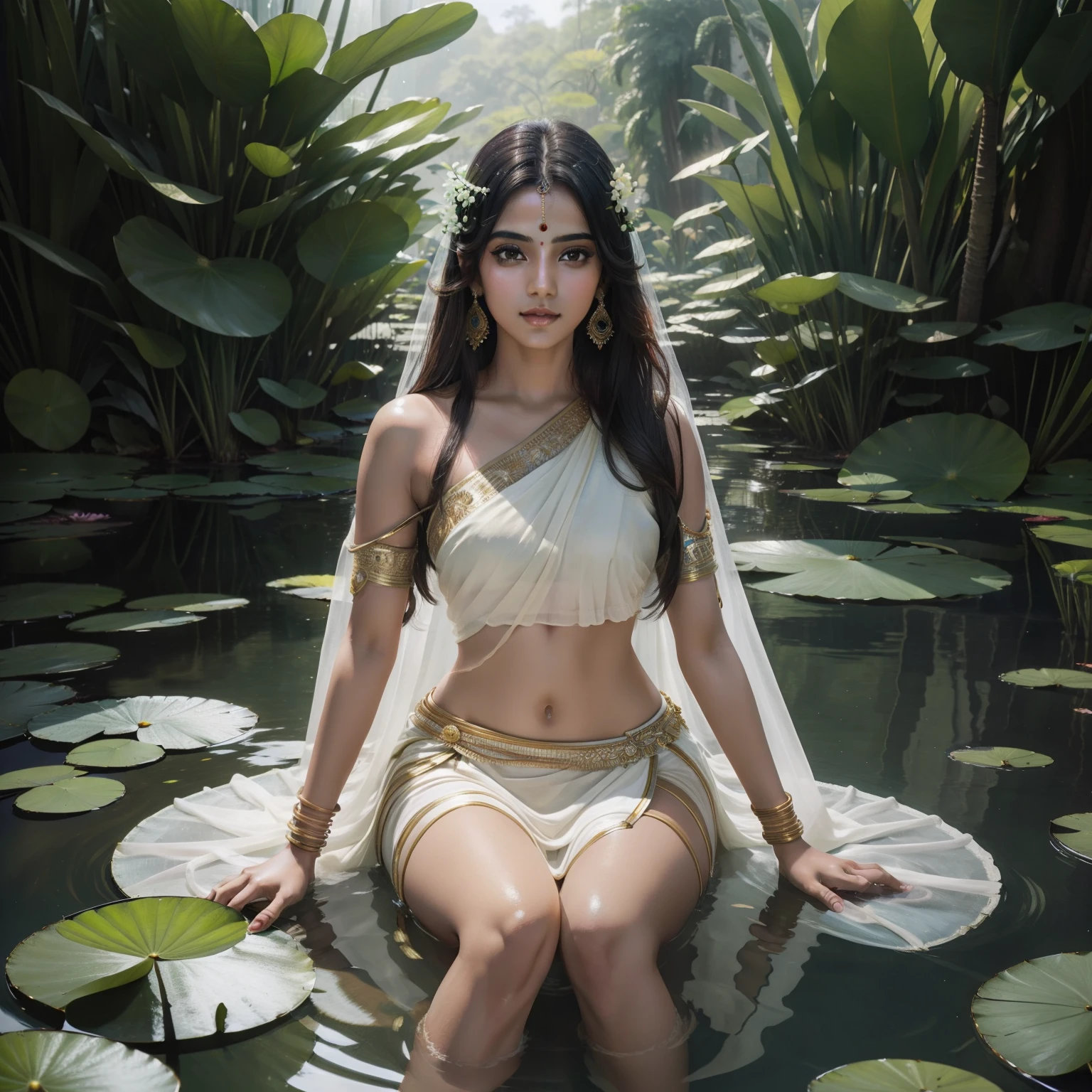 Beautiful portrait of a indian beautiful girl in water Lily of the valley park, full body, Science fiction、 A detailed eye, Art Station, Sharp Focus, Photorealsitic, 35 mm, Ultra Detail, 4 k, radiant light