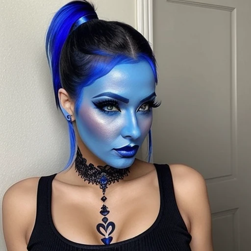Sexy goth woman,blue face makeup, ponytail,genie