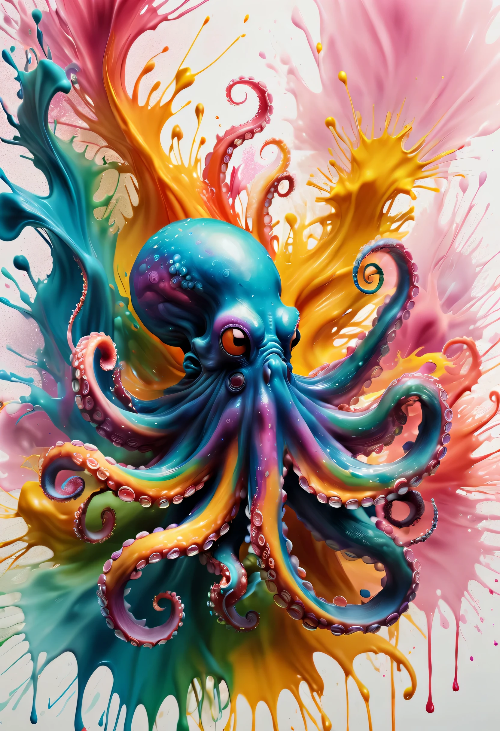 (best picture quality，4K,8k，HD，masterpiece:1.2)，Super detailed，(lifelike，lifelike，lifelike:1.37)。ink painting，gentlemen. an octopus，愤怒的an octopus喷出彩色墨水，Tentacle holds brush，Ink splash effect：1.37，splatted paint：1.37.Colorful paint splash，paint splatter background，Energetic movement，Dynamic and powerful abstract art，colorful，propylene，Vivid rainbow hues，Joyful and lively atmosphere，Bright orange，pink，Whimsical and dreamy，spontaneous splash，bold color contrast。