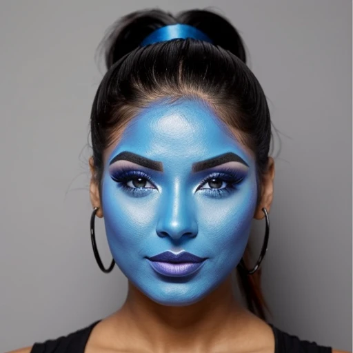 Sexy Latina woman,blue face makeup, ponytail,genie