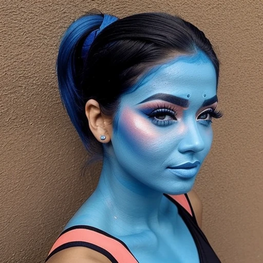 Sexy Latina woman,blue face makeup, ponytail,genie