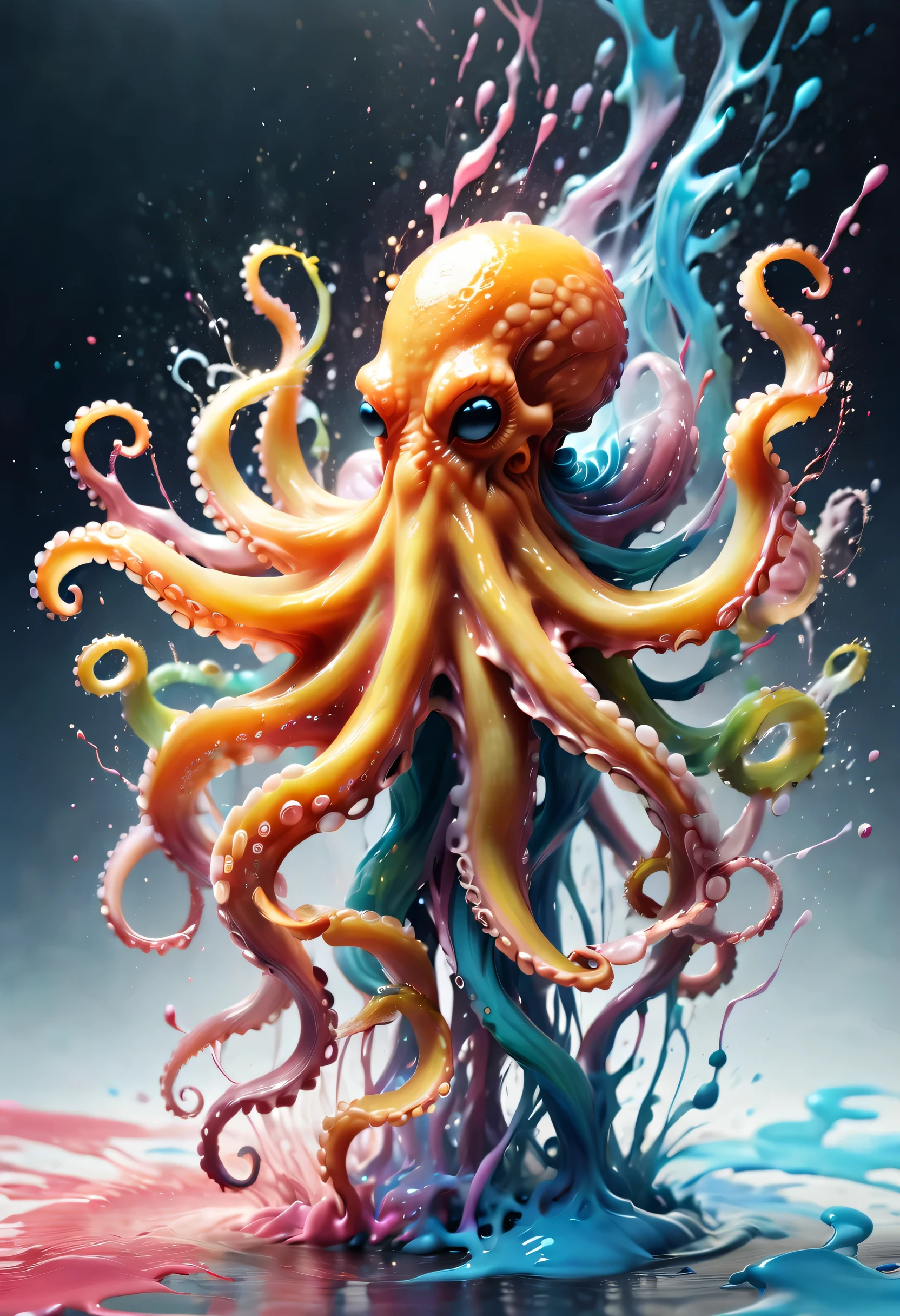 (best picture quality,4K,8k,HD,masterpiece:1.2),Super detailed,(lifelike,lifelike,lifelike:1.37)。ink painting,gentlemen. an octopus,愤怒的an octopus喷出彩色墨水,Tentacle holds brush,Ink splash effect:1.37,splatted paint:1.37.Colorful paint splash,paint splatter background,Energetic movement,Dynamic and powerful abstract art,colorful,propylene,Vivid rainbow hues,Joyful and lively atmosphere,Bright orange,pink,Whimsical and dreamy,spontaneous splash,bold color contrast。