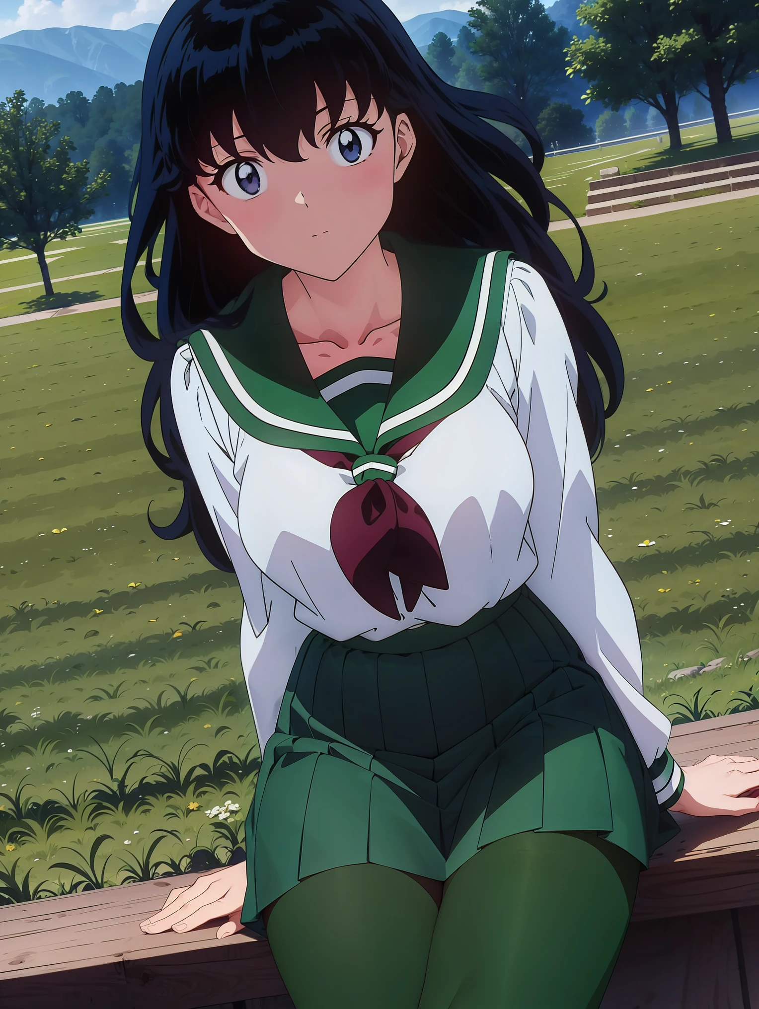 (Masterpiece: 1.6, Best Quality), (Fine Beautiful Eyes: 1.2), (best quality, masterpiece, highres), kagome higurashi, 1girl, solo, green school uniform, soft thighs , brown eyes , long sleeves, white socks, scenery , Best Quality, ((anime)) ((Colored)) HD, ,Sitting, Green skirt, Red scarf, long hair, Black hair between the eyes, Thighs are soft, school background , green pantyhose