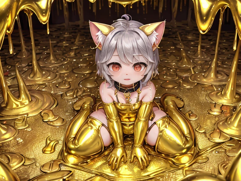(4K,masterpiece:1.2),super detailed,a cat in diaper,collar,red pupils,cat ears,cat nose,soaked in golden slime,into the slime,Thighs covered with golden mucus,Golden Slime，kneeling，The ground is piled with gold, silver and jewelry，gold coins