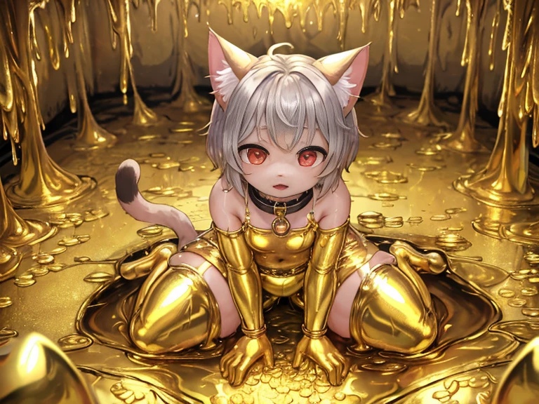 (4K,masterpiece:1.2),super detailed,a cat in diaper,collar,red pupils,cat ears,cat nose,soaked in golden slime,into the slime,Thighs covered with golden mucus,Golden Slime,kneeling,The ground is piled with gold, silver and jewelry,gold coins