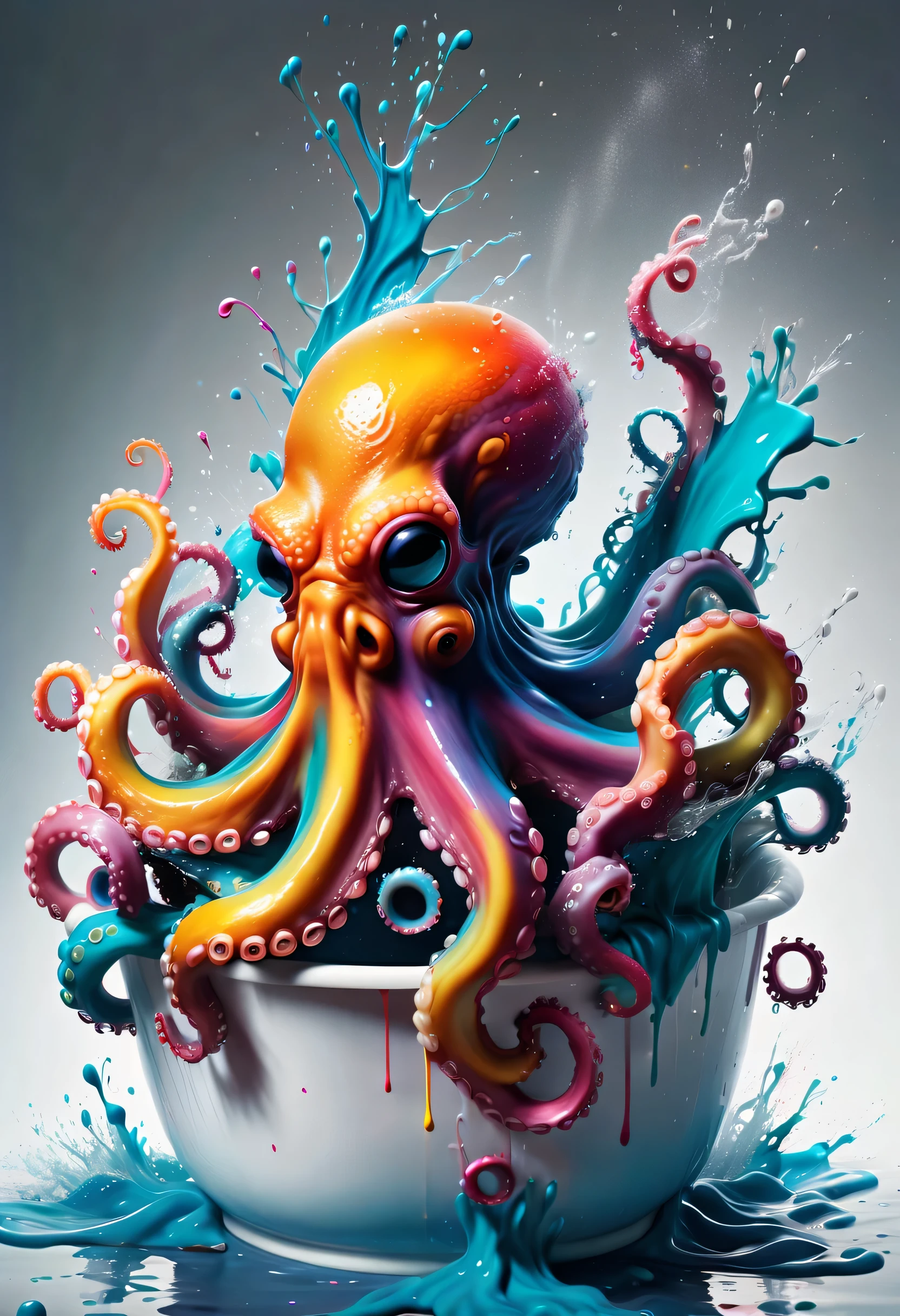 (best picture quality，4K,8k，HD，masterpiece:1.2)，Super detailed，(lifelike，lifelike，lifelike:1.37)。ink painting，gentlemen. Octopus in the bathtub，Angry octopus sprays colorful ink，Tentacle holds brush，Ink splash effect：1.37，splatted paint：1.37.Colorful paint splash，paint splatter background，Energetic movement，Dynamic and powerful abstract art，colorful，propylene，Vivid rainbow hues，Joyful and lively atmosphere，Bright orange，pink，Whimsical and dreamy，spontaneous splash，bold color contrast。