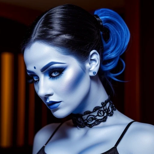 Sexy goth woman,blue face makeup, ponytail,genie