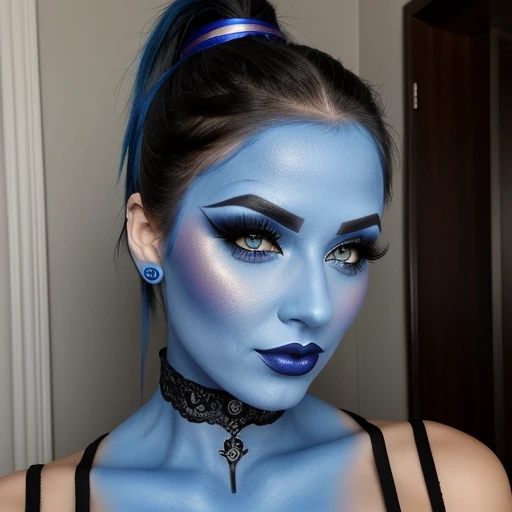 Sexy goth woman,blue face makeup, ponytail,genie