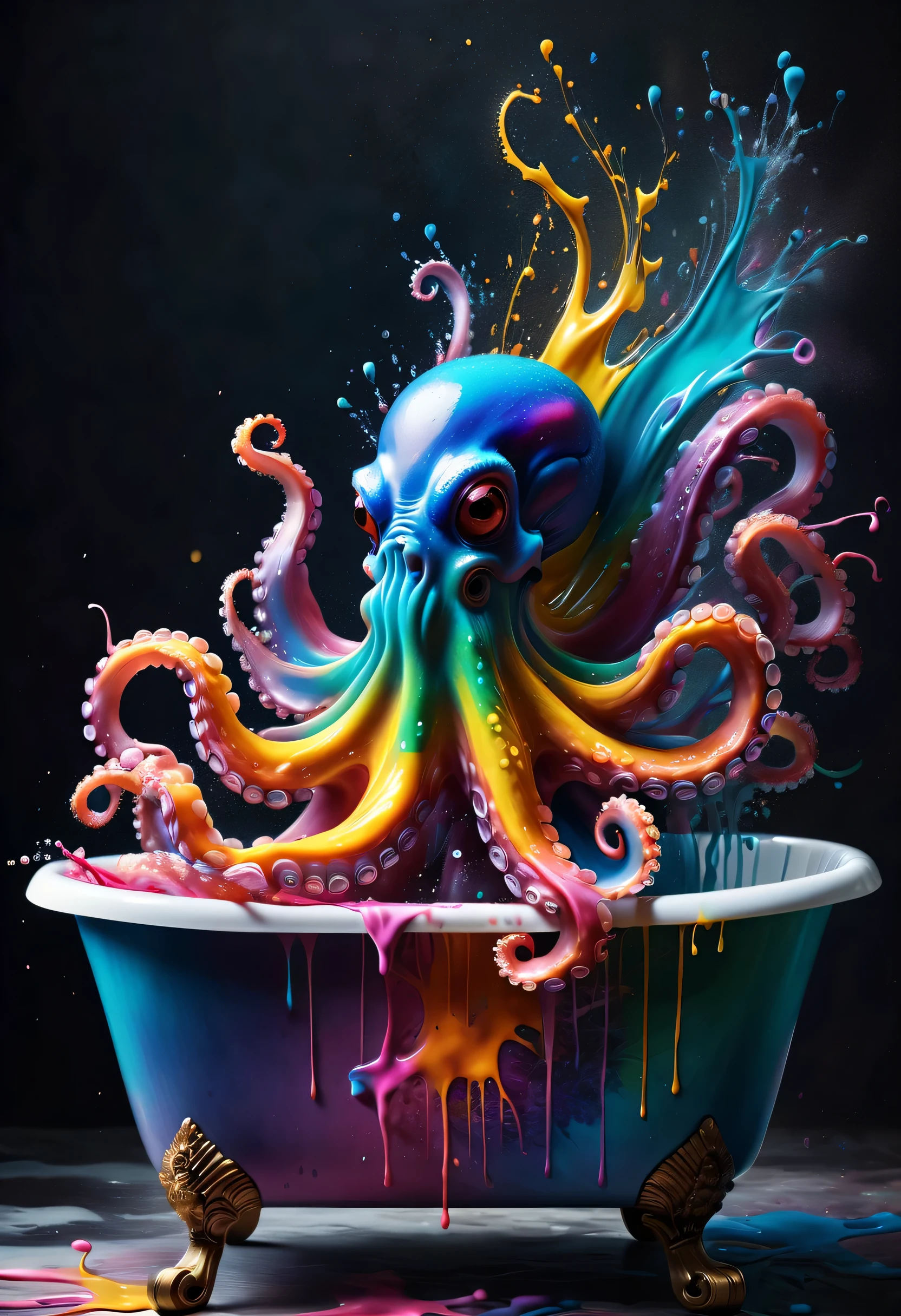 (best picture quality，4K,8k，HD，masterpiece:1.2)，Super detailed，(lifelike，lifelike，lifelike:1.37)。ink painting，gentlemen. Octopus in glass bathtub，Angry octopus sprays colorful ink，Tentacle holds brush，Ink splash effect：1.37，splatted paint：1.37.Colorful paint splash，paint splatter background，Energetic movement，Dynamic and powerful abstract art，colorful，propylene，Vivid rainbow hues，Joyful and lively atmosphere，Bright orange，pink，Whimsical and dreamy，spontaneous splash，bold color contrast。