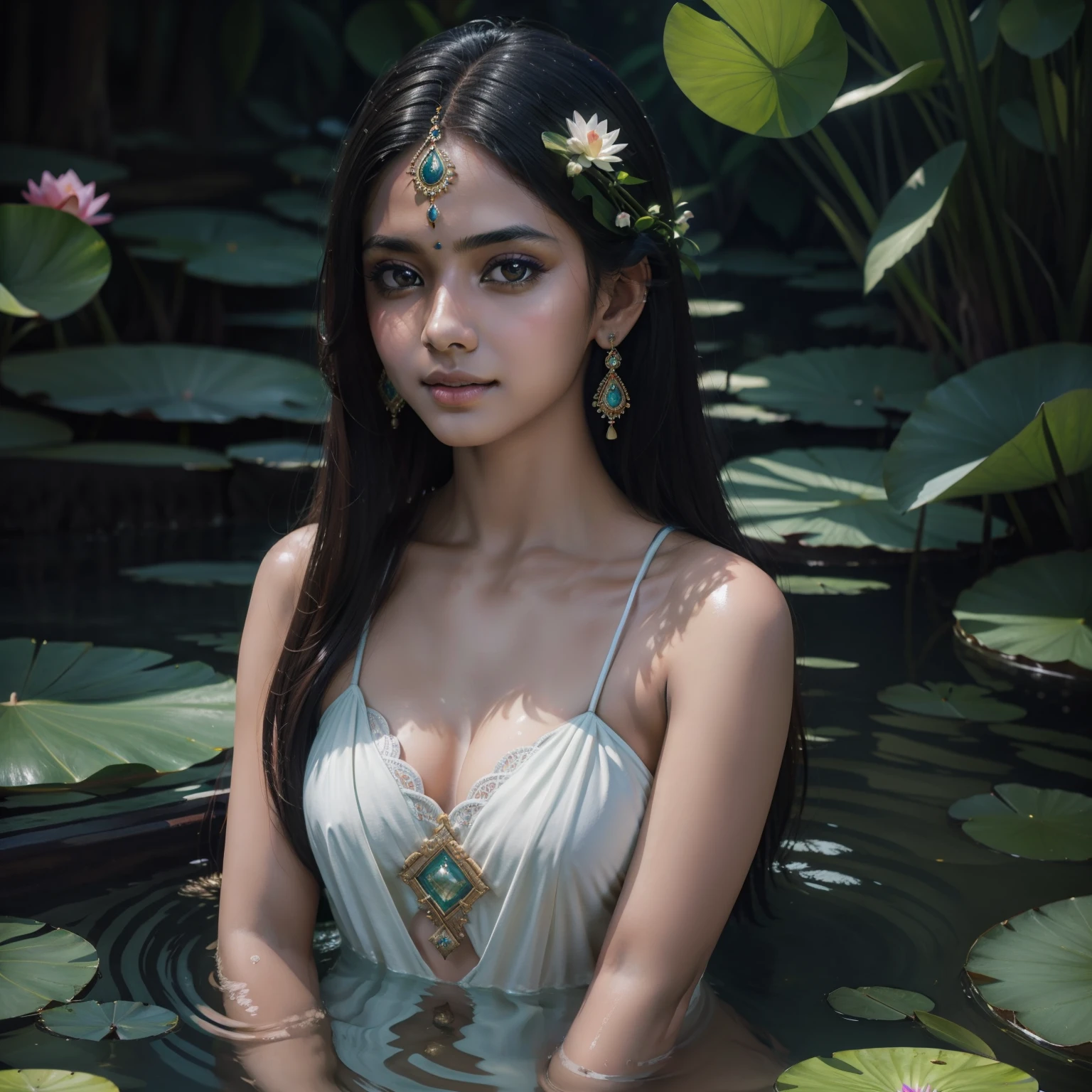 Beautiful portrait of a indian beautiful girl in water Lily of the valley park, half body, Science fiction、 A detailed eye, Art Station, Sharp Focus, Photorealsitic, 35 mm, Ultra Detail, 4 k, radiant light