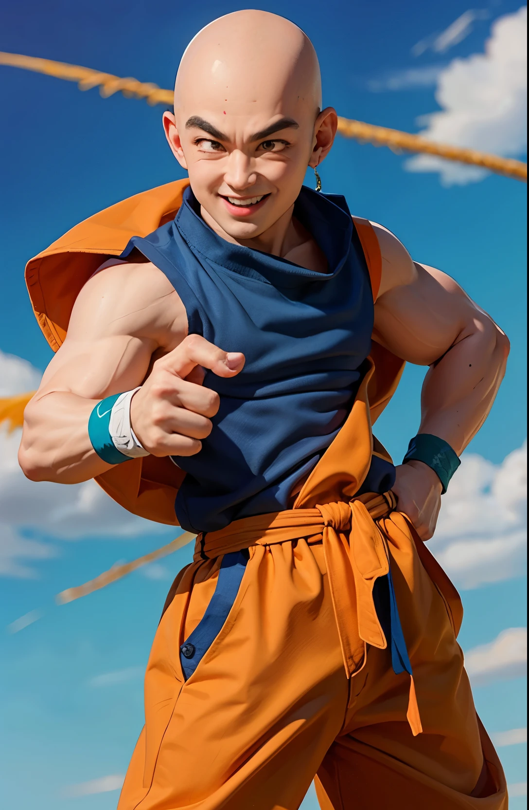 (8k, best quality, masterpiece:1.2), (finely detailed),krillin, 1boy,male focus,muscular male, solo,upper body, (bald), black eyes, orange dougi, looking at viewer,orange pants, blue sash,forehead mark, no nose,no sclera, rocky grassfields,(sleeveless), light smile,patch, blue wristbands,thumb up,  