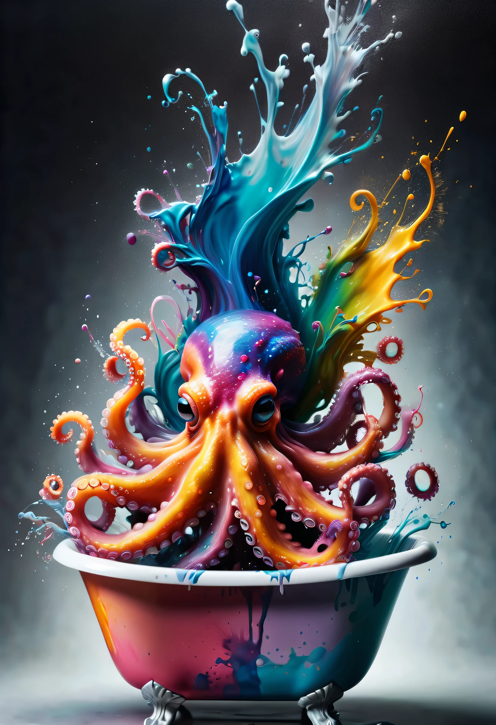 (best picture quality，4K,8k，HD，masterpiece:1.2)，Super detailed，(lifelike，lifelike，lifelike:1.37)。ink painting，艺术masterpiece，gentlemen. Octopus in glass bathtub，Angry octopus sprays colorful ink，Tentacle holds brush，Ink splash effect：1.37，splatted paint：1.37.Colorful paint splash，paint splatter background，Energetic movement，Dynamic and powerful abstract art，colorful，propylene，Vivid rainbow hues，Joyful and lively atmosphere，Bright orange，pink，Whimsical and dreamy，spontaneous splash，bold color contrast。