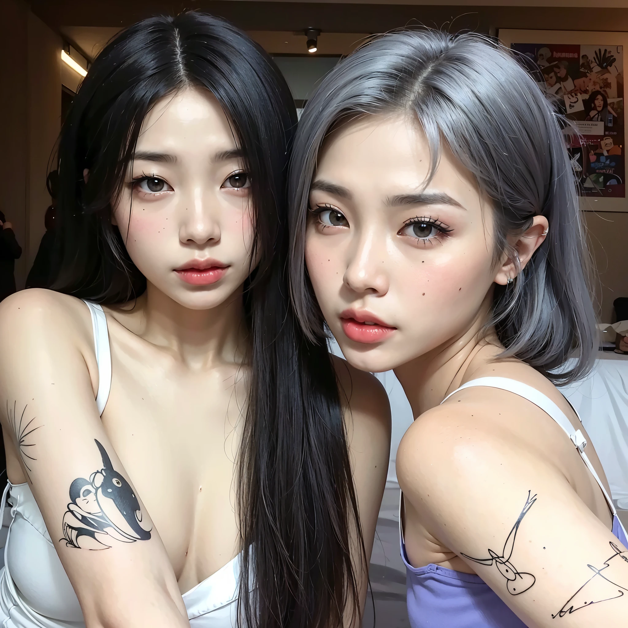 Two Asian Women with Tattoos on Arms and Arms, de chica taiwanesa con tatuajes, ulzzang, maquillaje popular de corea del sur, nixeu y sakimichan, pelo de dos colores, sakimichan, inspirado en Wang Duo, beautiful portrait of gemini twins, maquillaje coreano popular, Cabello liso y gris, con negro, muchacha coreana, color plata, color gris
