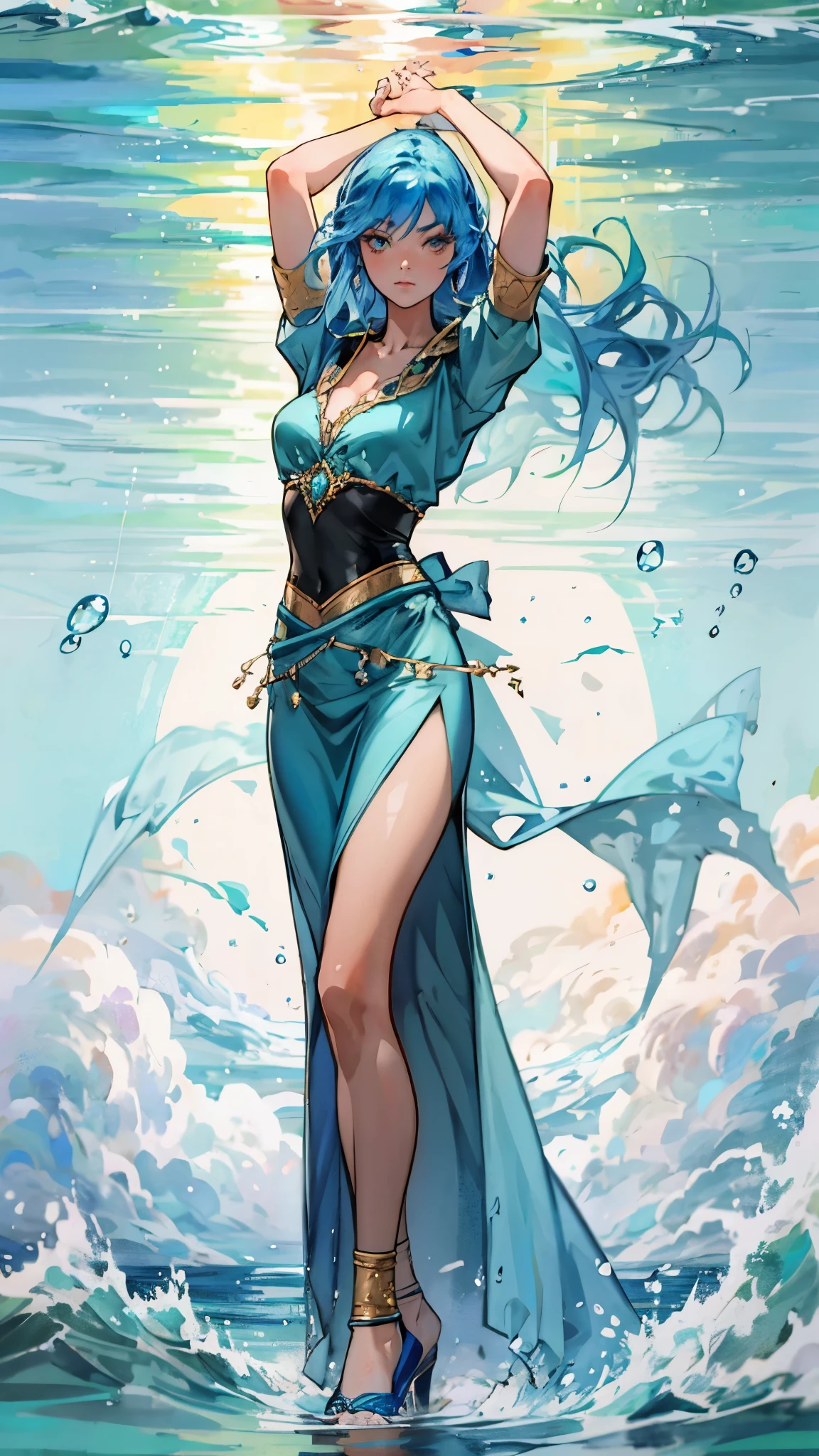 A beautiful woman with cascading waves of aqua-blue long hair, exquisite facial features, a melancholic expression, delicate and bright eyes, skin as smooth and radiant, her slender and graceful figure dances like water splashes in the wind, a splendid fantasy-style islander ethnic costume, a short skirt resembling ocean waves, her slender legs leap lightly above the water surface, surrounded by splashing droplets that dance in the air, this character embodies a finely crafted fantasy-style female dancer in anime style, exquisite and mature manga art style, high definition, best quality, highres, ultra-detailed, ultra-fine painting, extremely delicate, professional, anatomically correct, symmetrical face, extremely detailed eyes and face, high quality eyes, creativity, RAW photo, UHD, 8k, Natural light, cinematic lighting, masterpiece-anatomy-perfect, masterpiece:1.5