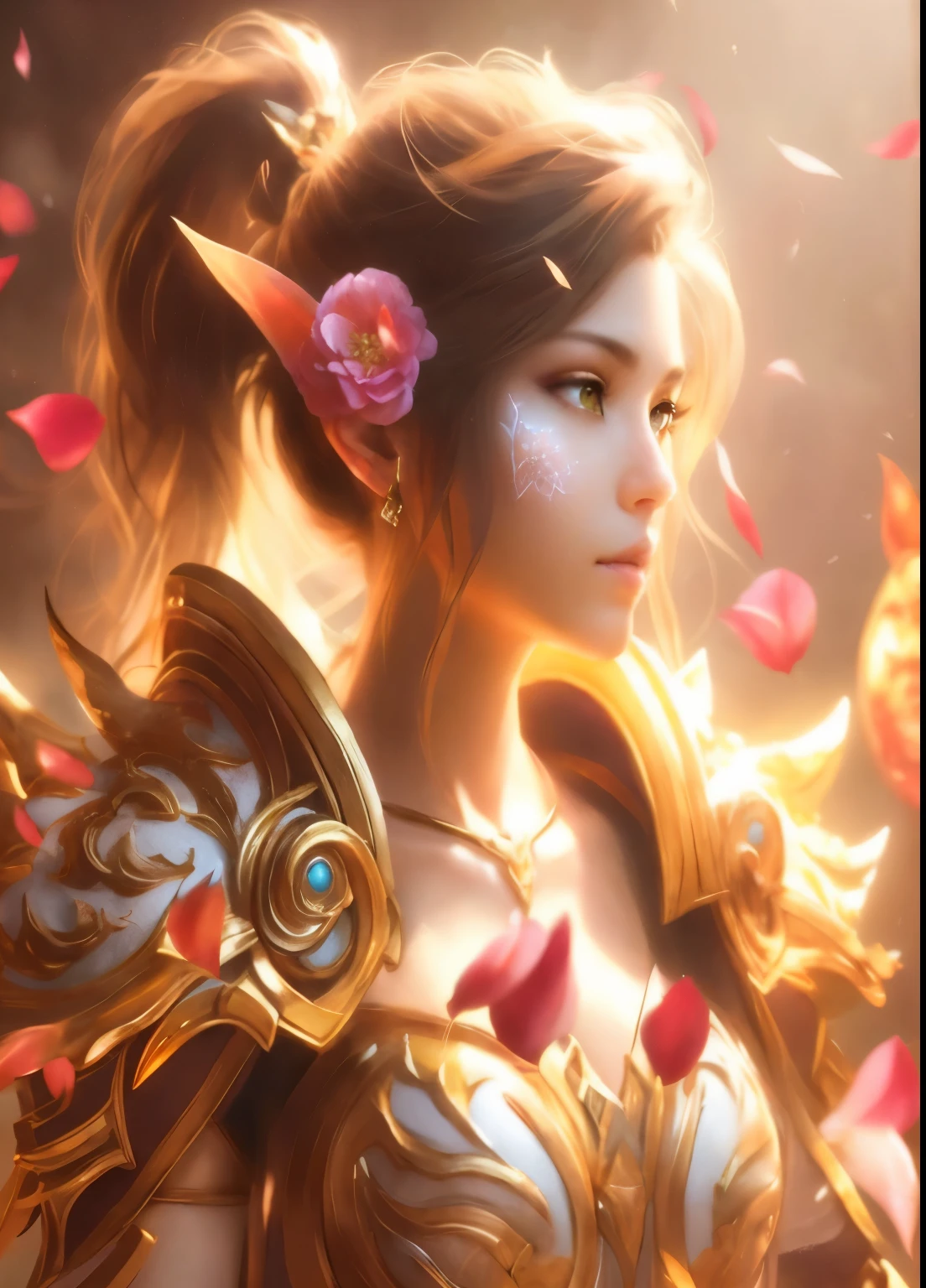 Close-up of woman with a flower in her hair, wow 4K detail fantasy, 4k fantasy art, fantasy paladin woman, digital fantasy art ), Epic Fantasy Art Style HD, 4K detail fantasy, Detailed fantasy digital art, fantasy art behavior, details, gorgeous female paladin, HD Fantasy Art, author：Yang Jie, detailed fantasy art